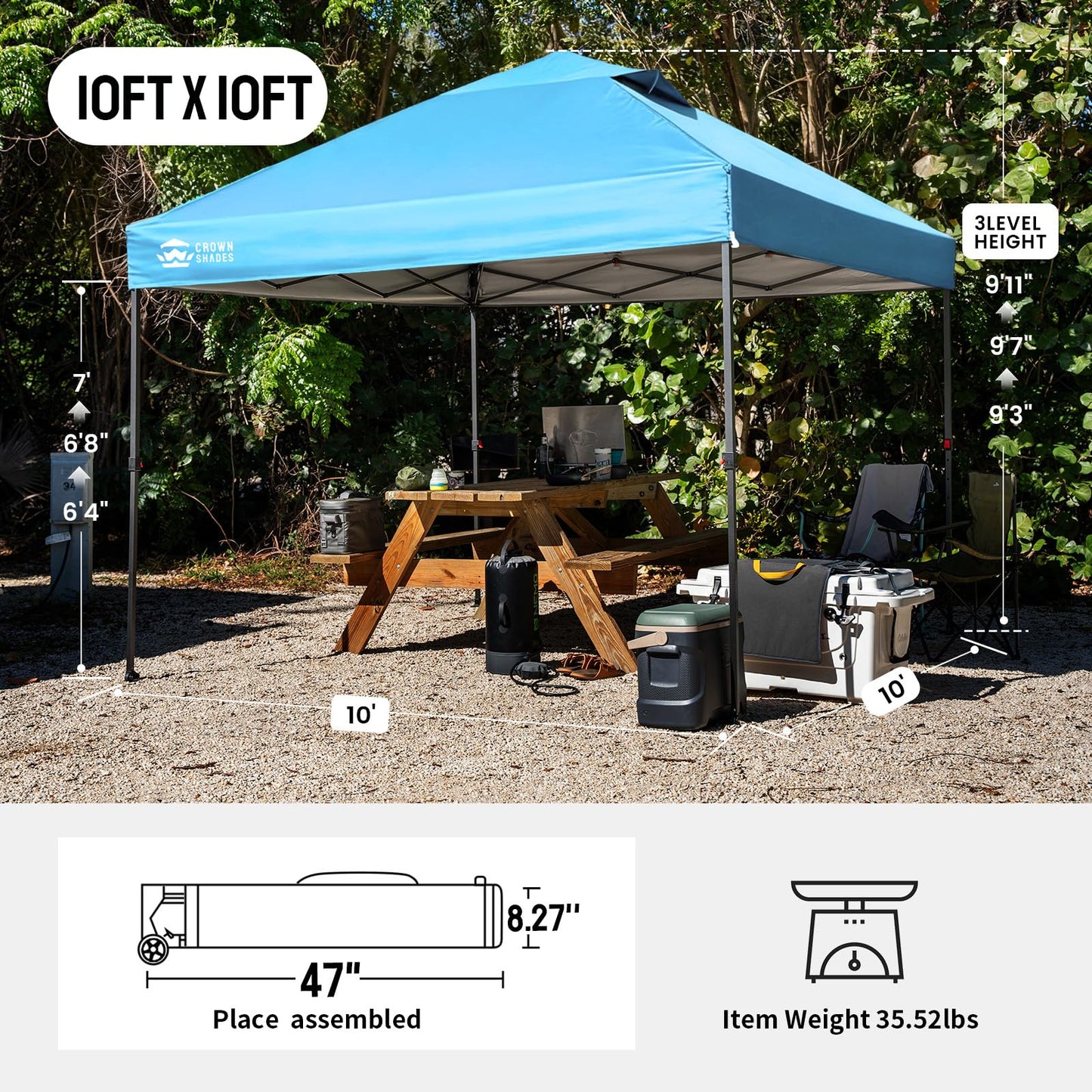 CROWN SHADES 10x10 Pop Up Canopy Tent - Patented Center Lock One Push Instant Outdoor Canopy Beach Tent with STO-N-Go Bag 8 Stakes & 4 Sand Bags，Sky Blue