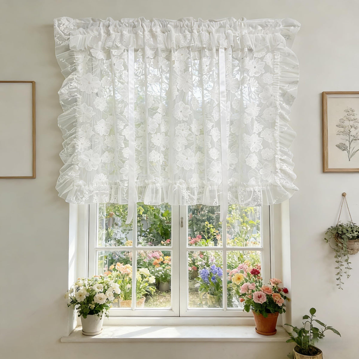 Tie Up Floral Lace Sheer Curtain Jacquard Balloon Curtain Shade for Kitchen