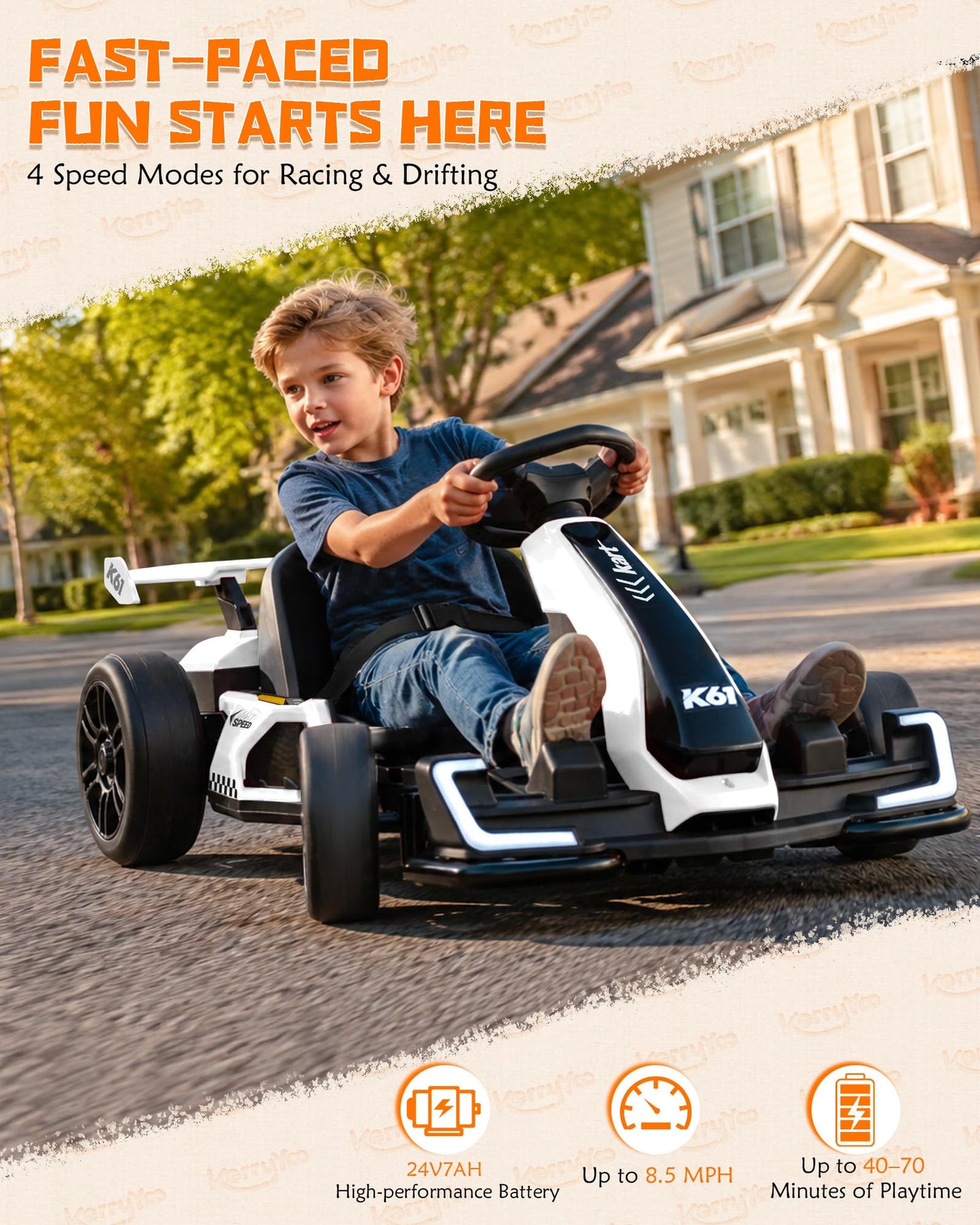KerryYoo K61 Go Kart Electric Drift Kart with Length Adjustable Seat, 24V Outdoor Ride on Toy with 4 Speed Mode, Crazy Kart for Kids 6-12 Years Old, Fast 300W Motor, 8.5 MPH, Bluetooth - White