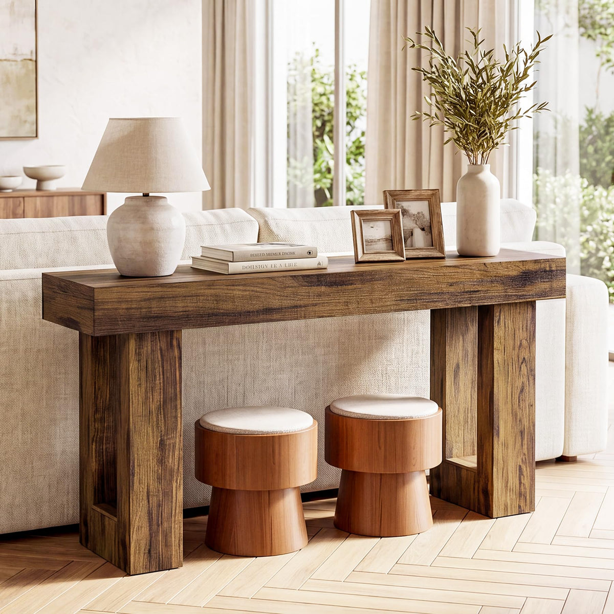 LITTLE TREE 63 Inches Long Sofa Table, Industrial Console Table for Entryway, Wooden Sofa Table for Living Room, Behind Couch Table, Rectangle Hallway Foyer Table for Entrance, Rustic Brown