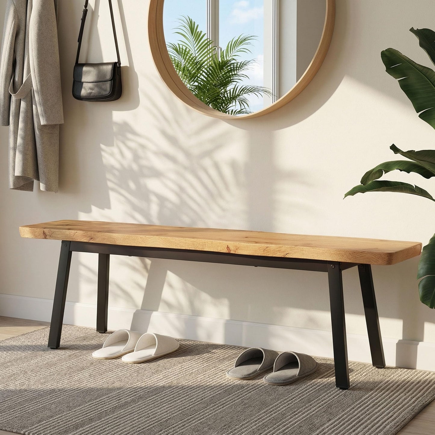 FUQARHY 59” Dining Bench Pair of 2 for 6-8 Person, Farmhouse Long Kitchen Table Benches, Entryway Bench, Indoor Bench (Oak)