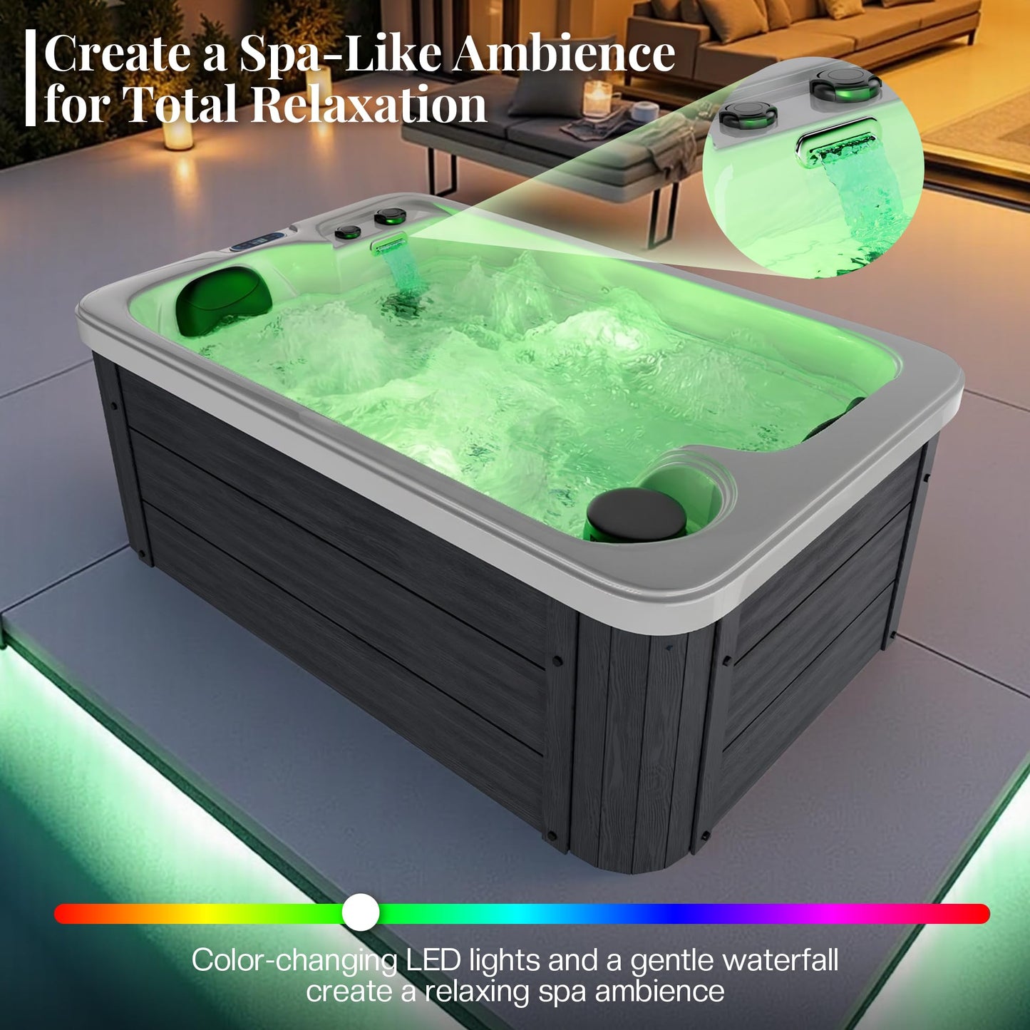 Jocisland 2 Person Outdoor Hot Tub with 15 Stainless Steel Jets, 110V Acrylic Plug & Play Hot Tub with LED Lights & Waterfall, Double Lounger Seat Spa with Cover, 2 Filters & 2HP Pump, Charcoal Gray