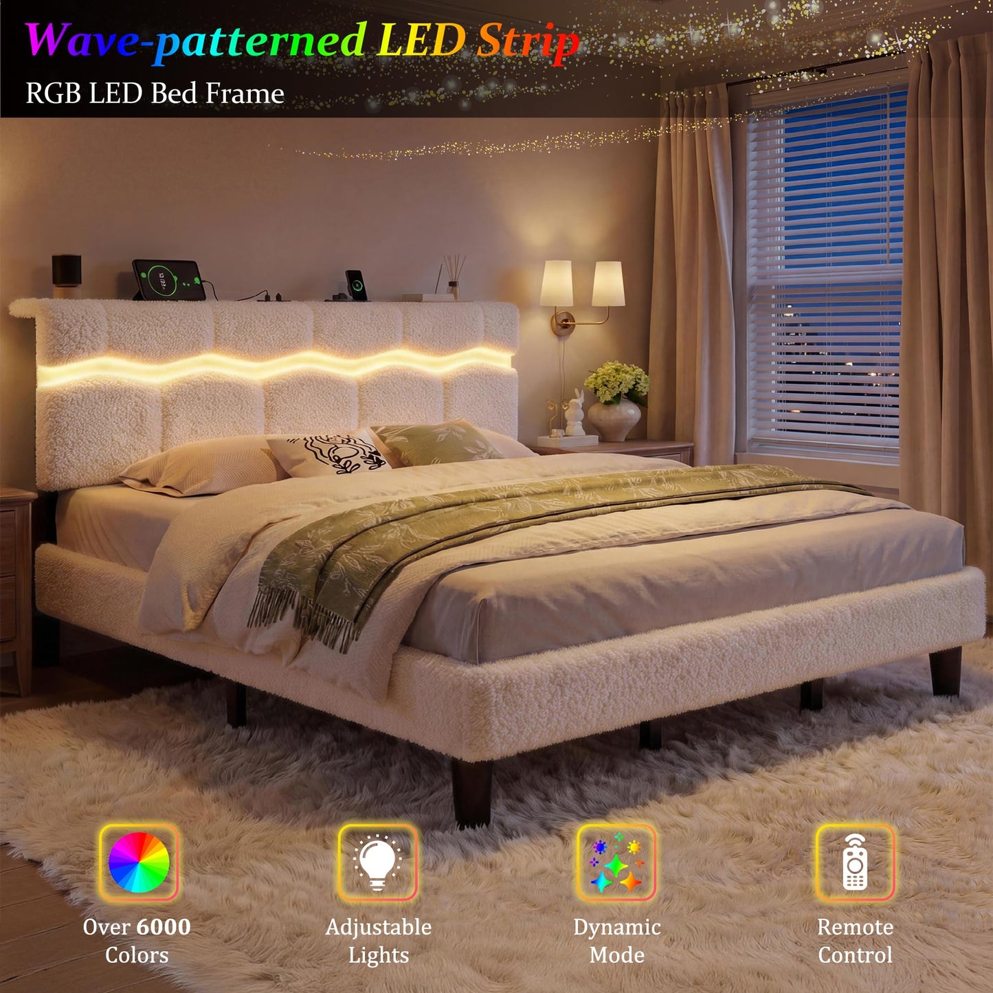 Homkdom King Size Bed Frame with Wave LED Light Strip, Platform Bed Frame with Charging Station & Headboard Storage, Teddy Fleece, No Box Spring Needed, Noise-Free, Beige