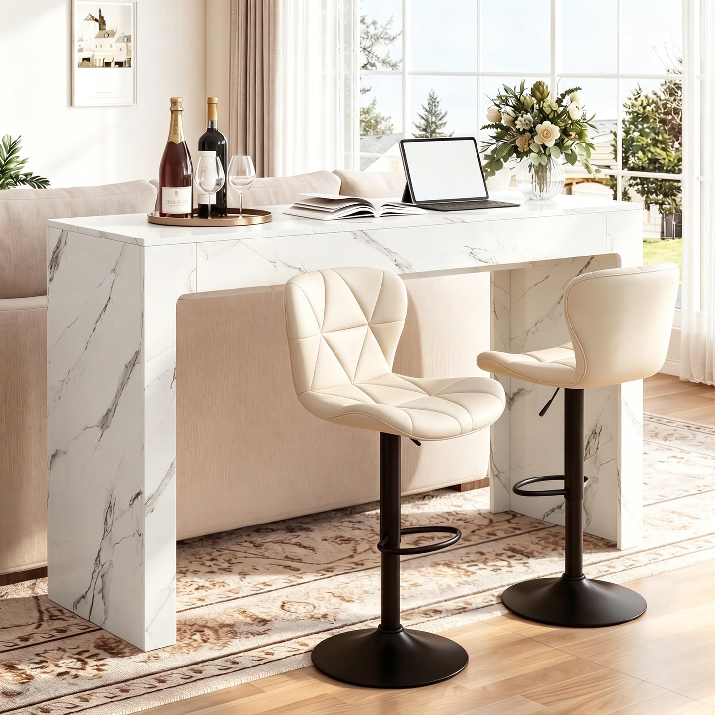 Miereirl 55” Bar Table，Modern Counter Height Pub Table, Long Bar Dining Table with Faux Marble Tabletop，Rectangular Home Bar Unit for 4-6 People, Kitchen, Living Room, Bar, Faux Marble