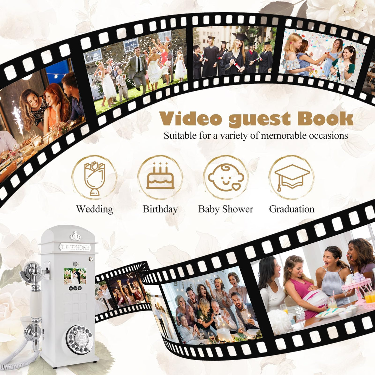 UKBW Video Audio Guest Book Wedding Phone, Record Customized Video Audio Messages, Preserve Your Special Occasions, Ideal for a Variety of Memorable Party Occasions(Crown White)