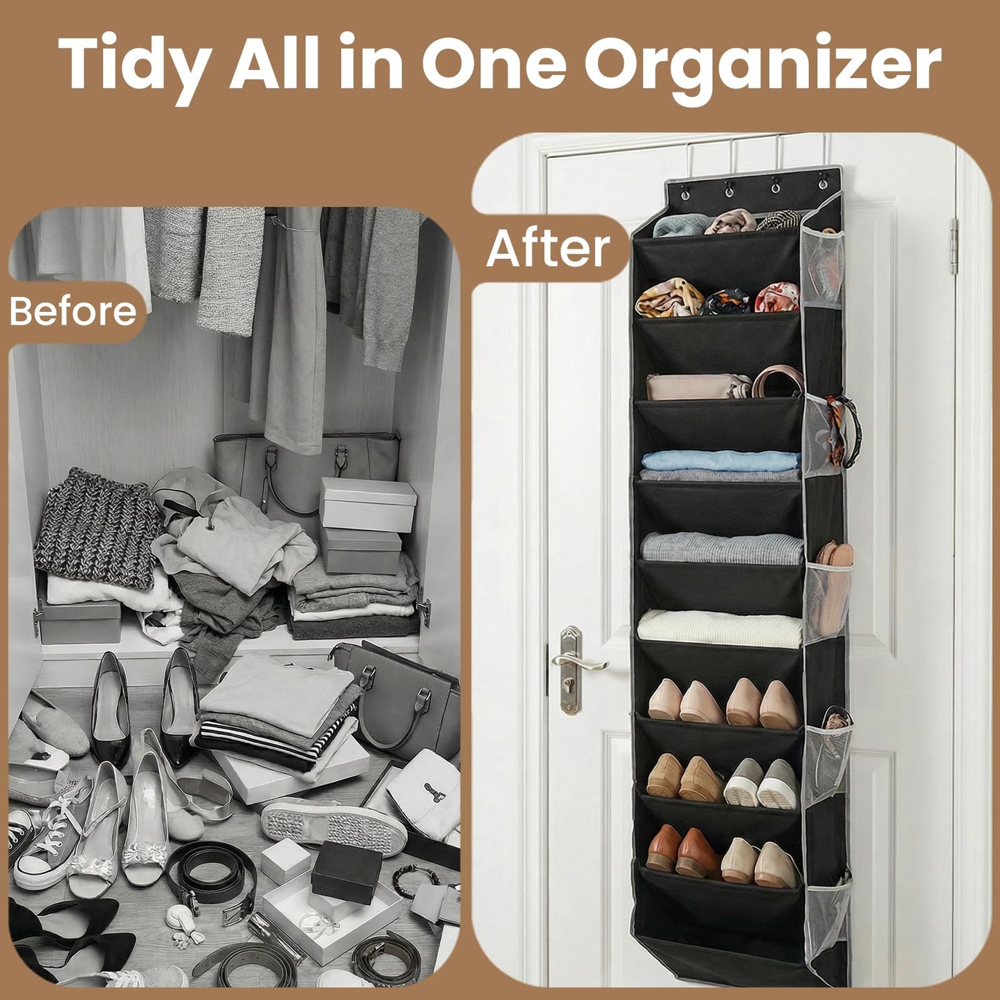 LUMIDOMA 10-Tier Over The Door Organizer with 4 Anti-Scratch Silicone Hooks & 10 Side Pockets, Hanging Shoe Organizer for Closet (15-20 Pairs), Behind the Door Storage for Toys, Household Essentials