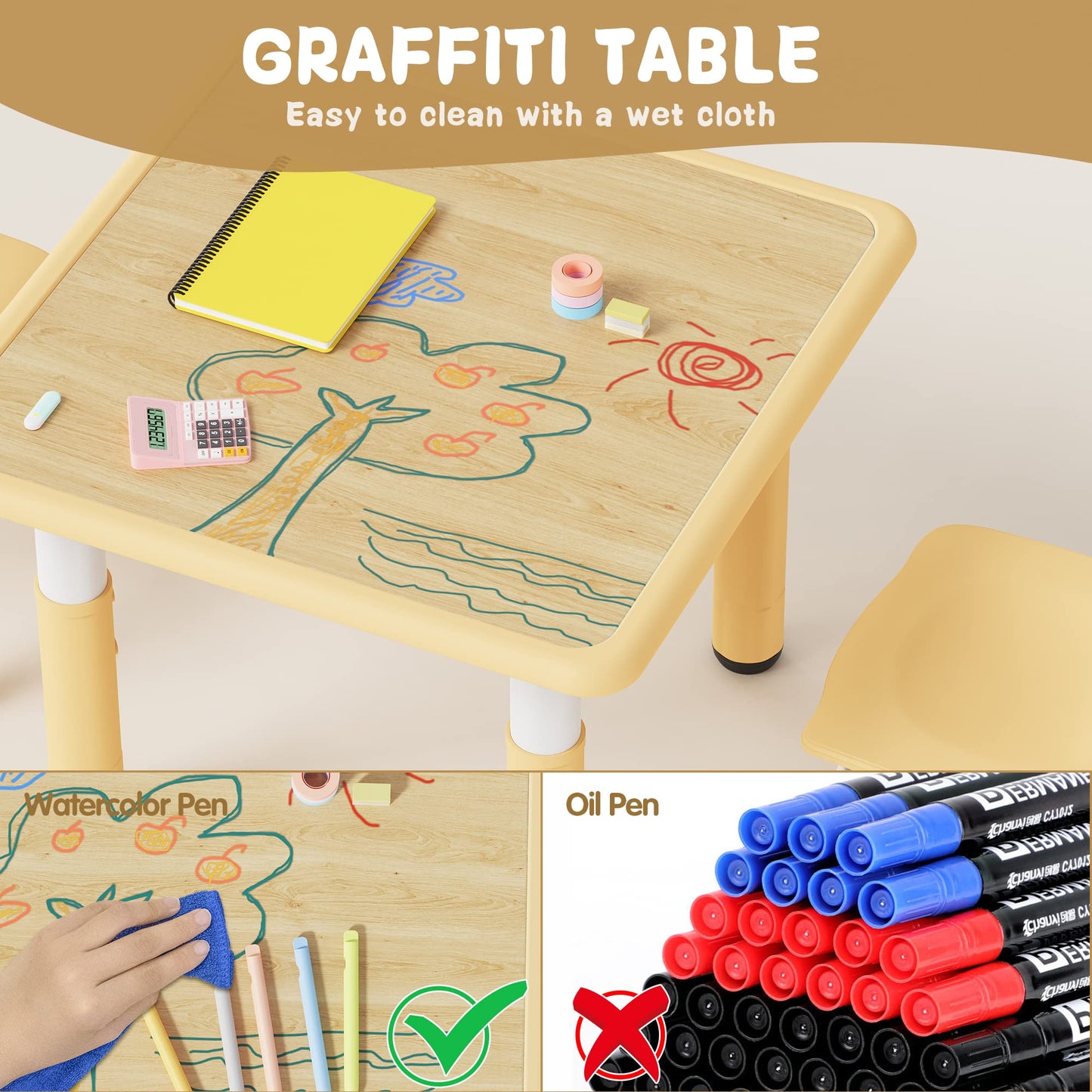 Brelley Kids Table and 2 Chairs Set, Height Adjustable Toddler Desk and Chair Set, Graffiti Desktop, Classroom/Daycare/Home, Children Multi-Activity Table for Ages 3-8