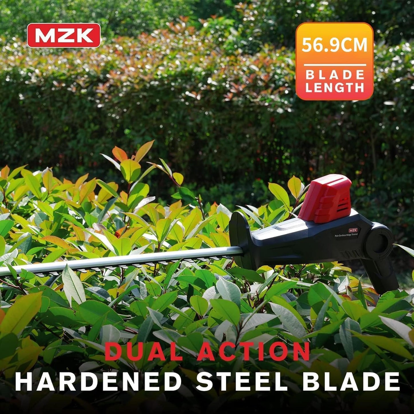 MZK 20V MAX 23-inch Cordless Pole Hedge Trimmer Attachment, 8-Feet Reach, Electric Hedge Trimmer with Extension Pole, Multi-Angle, for Garden Lawn Trimming(Two Batteries and Charger Included)