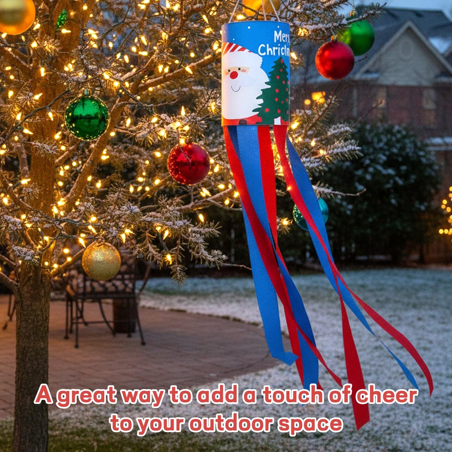 2 PCS Christmas Windsocks Outdoor, Set of 2 Holiday Decorations for Porch and Yard, Festive Fabric Windsock with Classic Designs