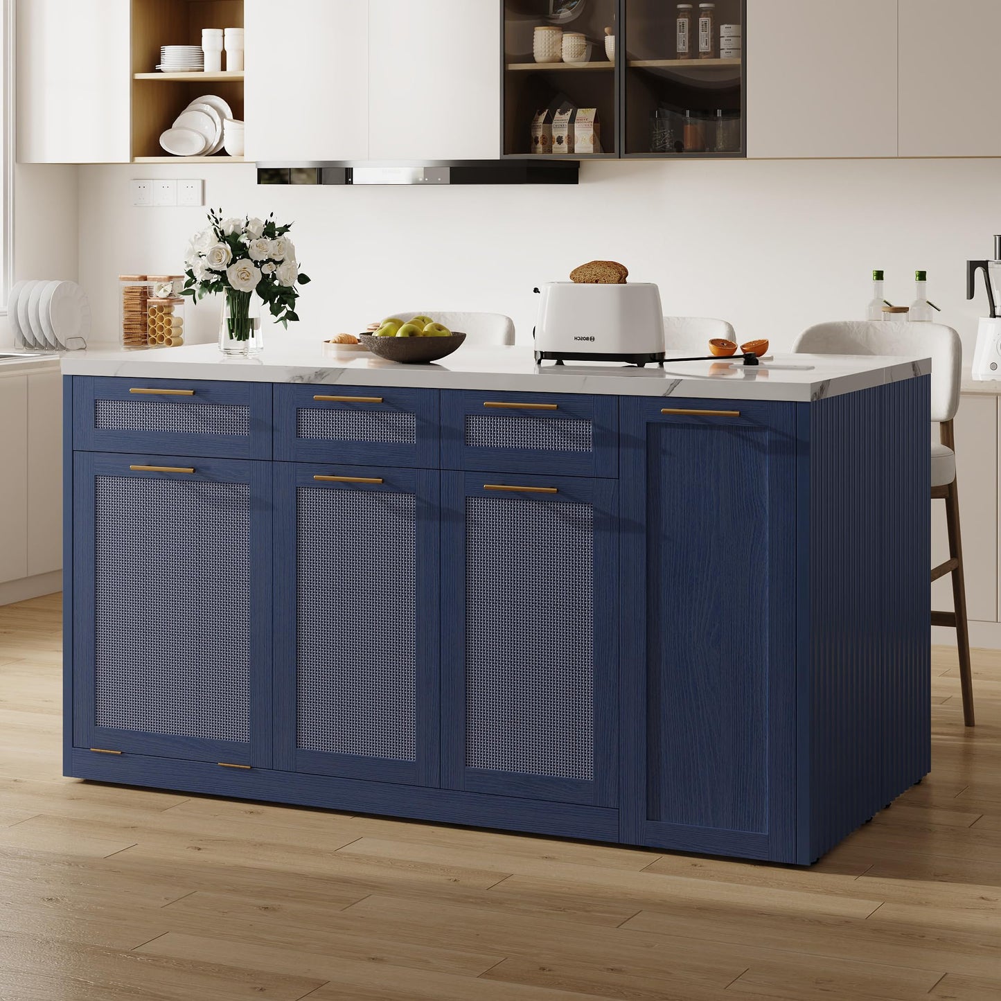 LIKIMIO 59" Kitchen Island with Power Outlet & Hidden Trash can Storage, Faux Marble Island Table with Seating Area, 3-Tier Spice Rack, 3 Drawers, 2-Tier Cabinet, Rolling Kitchen Cart on Wheels, Blue