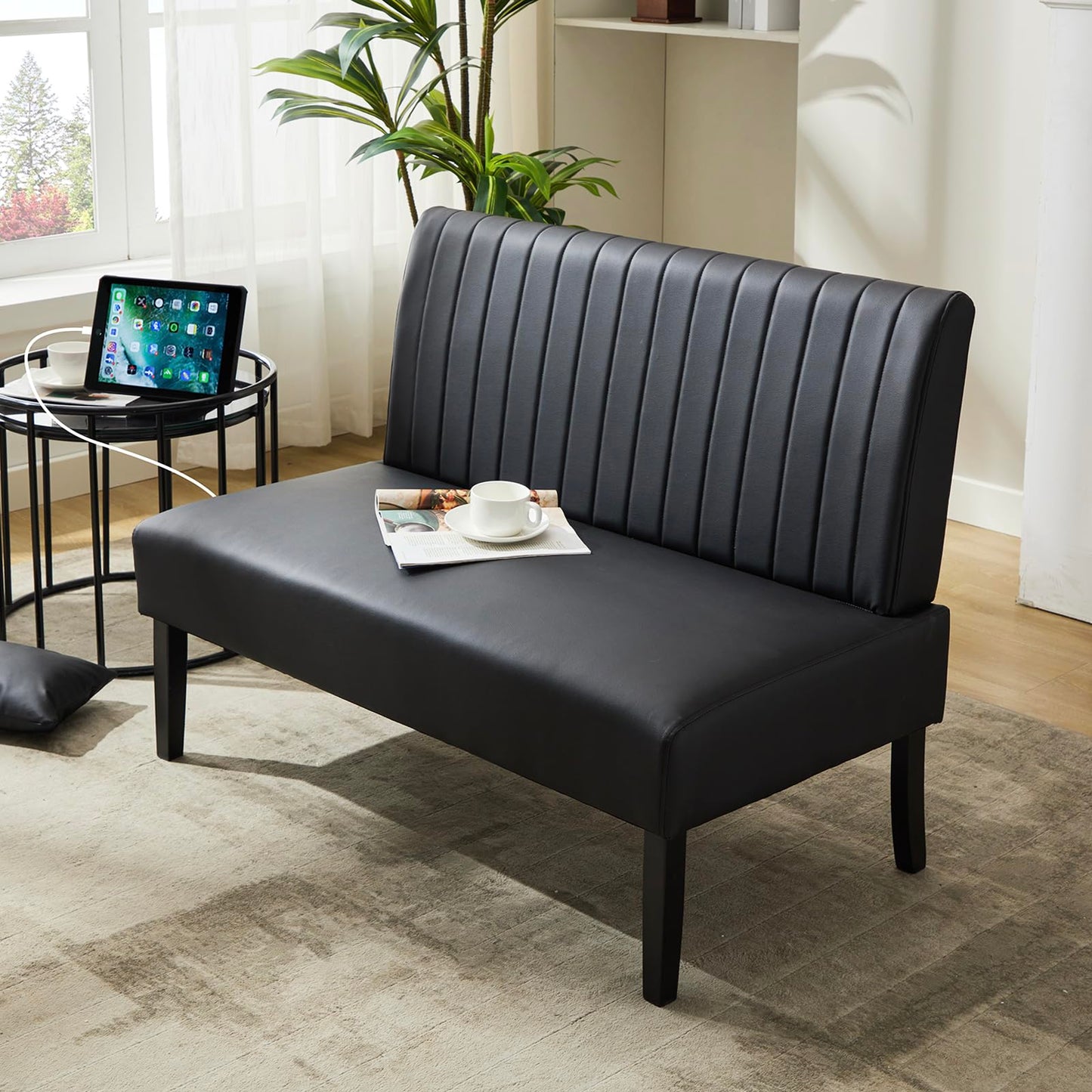 STHOUYN 43" W Mini Small Black Leather Couch Armless Loveseat Sofa for Bedroom with USB Port, Small Couches for SmallSpaces Living Room, Apartment Office Dorm (Black)