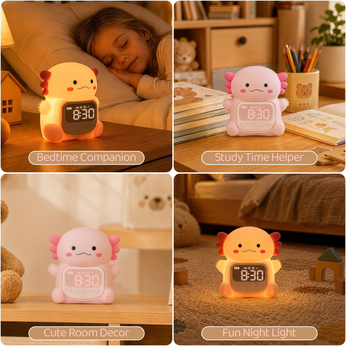 Axolotl Alarm Clock for Kids, Cute Night Light Toddler Alarm Clocks, Pink