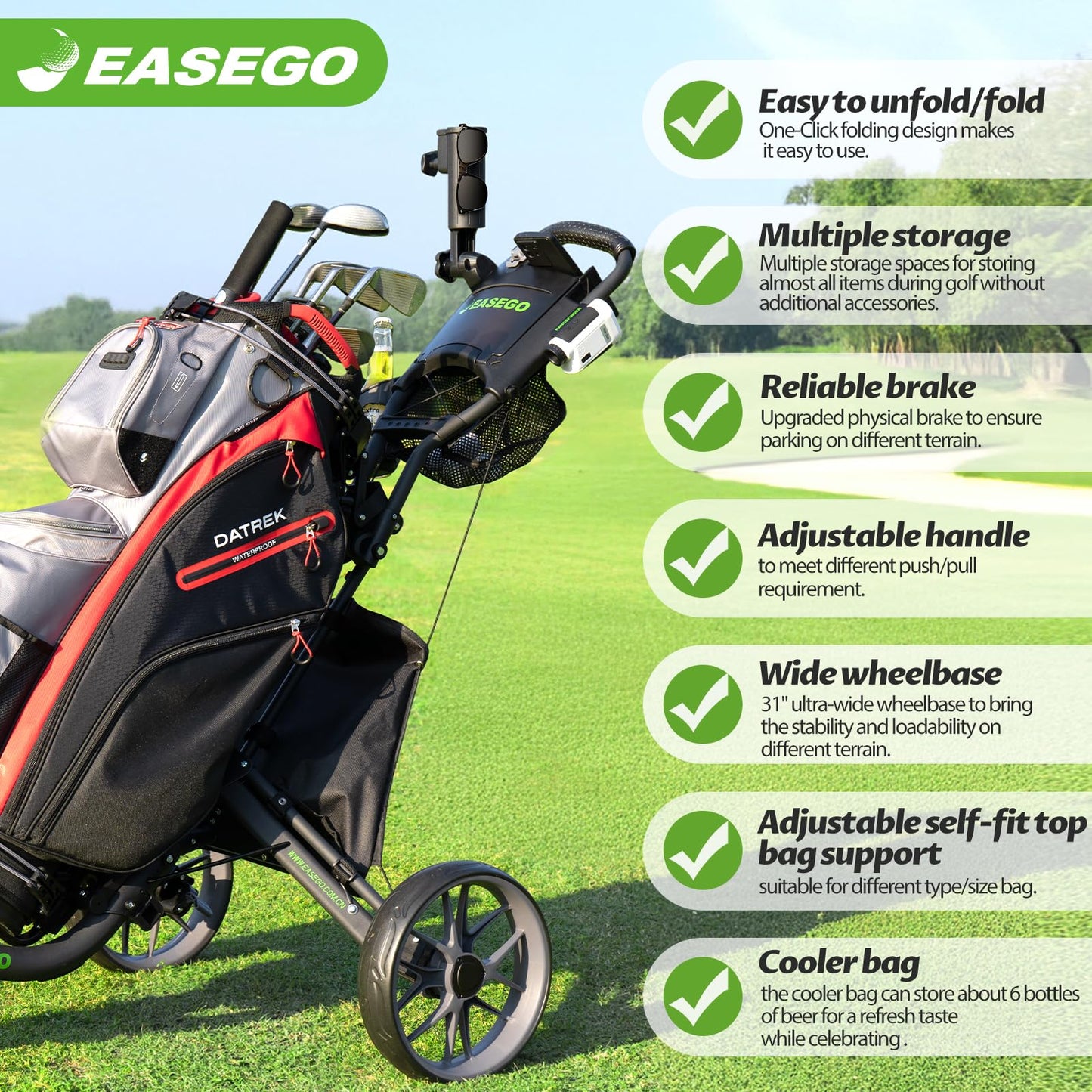 EASEGO Golf Push Cart 3 Wheel : Golf Caddy Pull Cart, One Click Folding Golf Bag Cart Lightweight Compact Golf Trolley with Cooler Bag, Umbrella, Cup & Phone Holder for Different Terrain