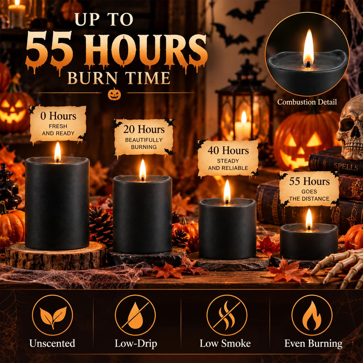 Black Soy Pillar Candles for Halloween, 3x4 Inch Unscented Candles, 3 Pack