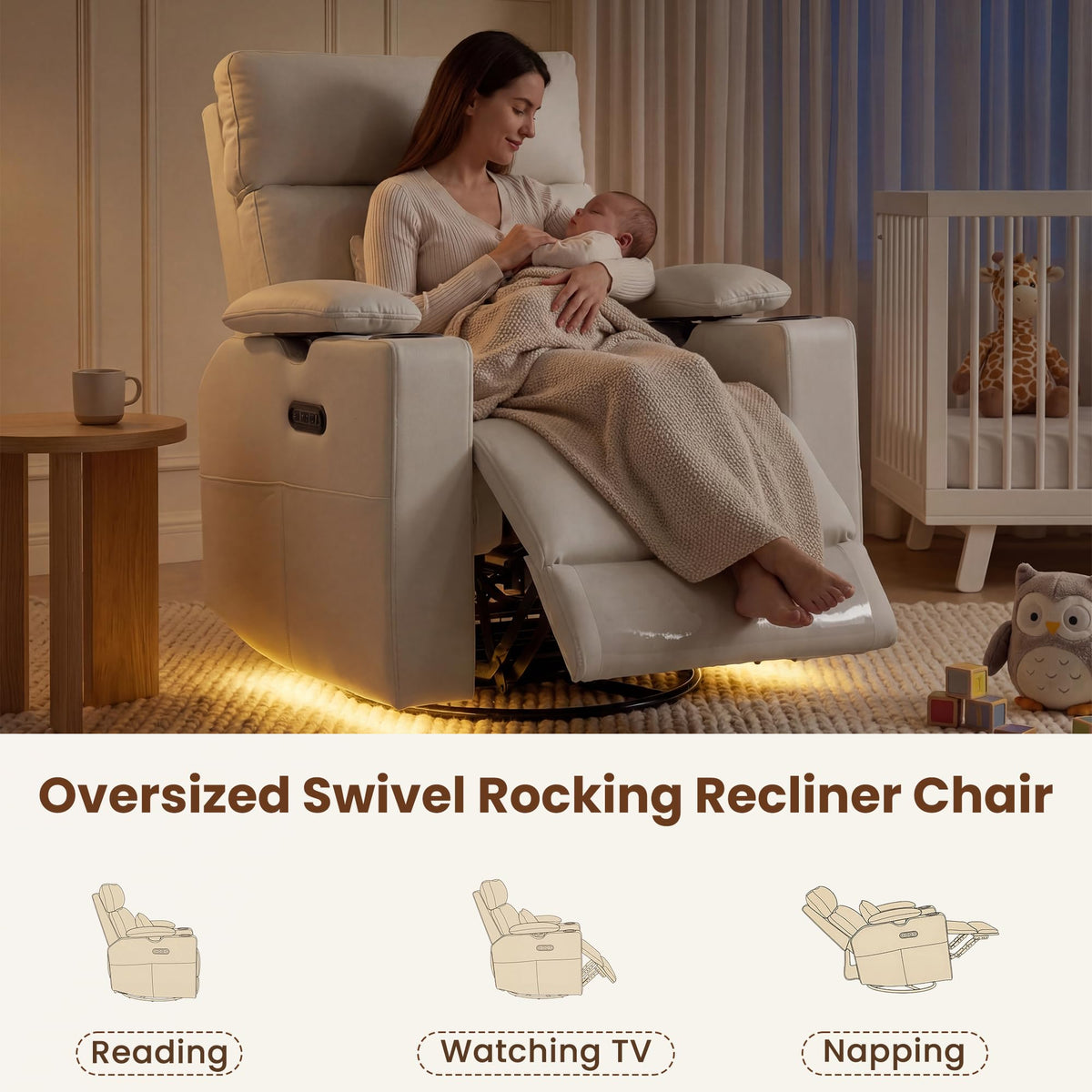 FiveWillowise Power Rocking Nursery Chair with Adjustable Armrests&Headrest