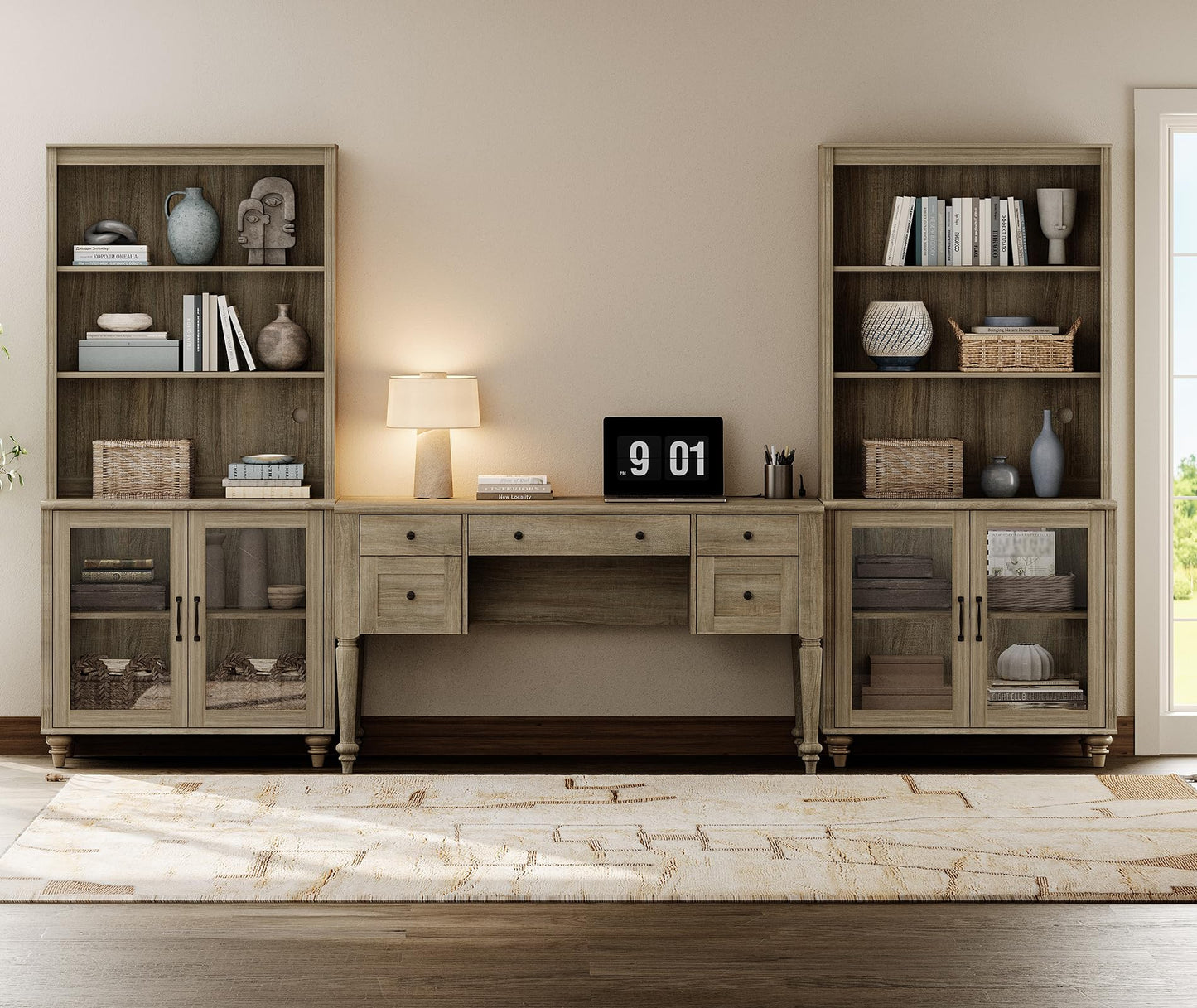 WAMPAT Home Office Furniture Set, 56'' Executive Desk with Charging Station, 72" Tall Bookcase with 4 Glass Doors, Wood Computer Desk with File Cabinet Storage, Open Shelf, Wash Grey