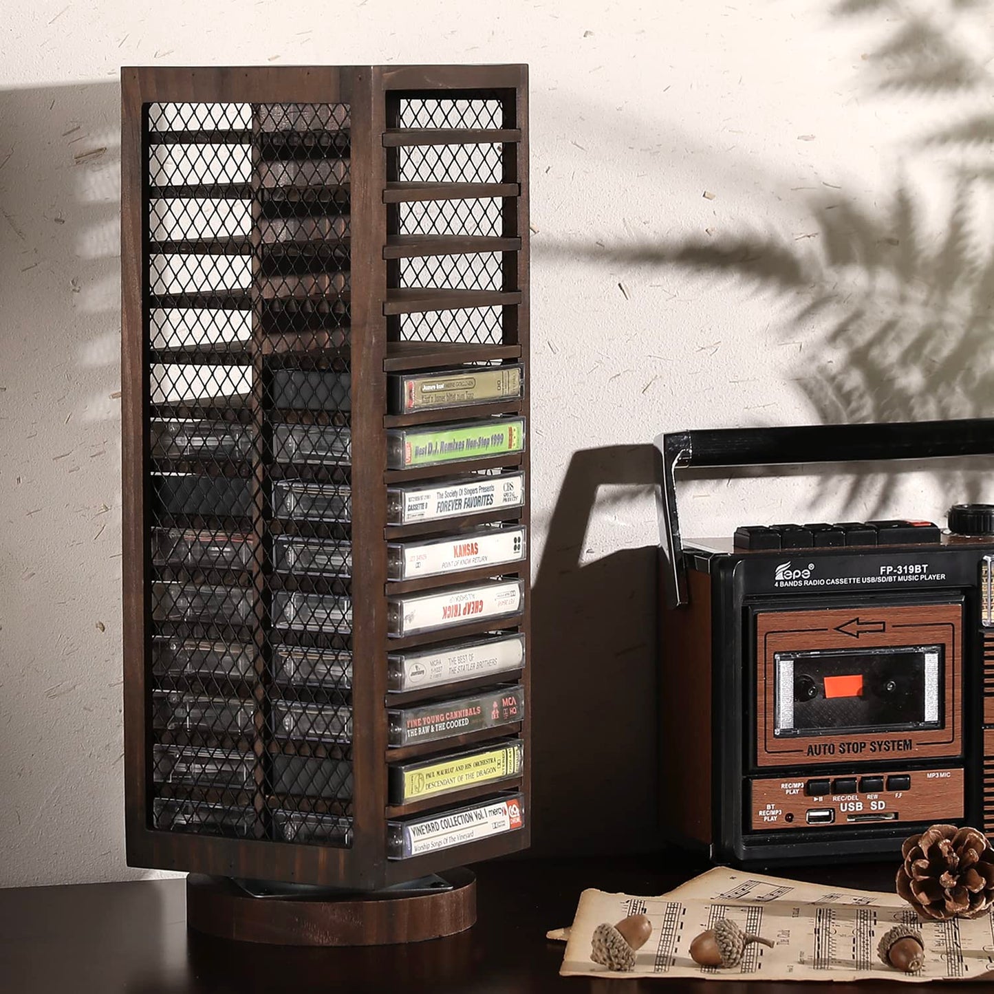 FARM IN Cassette Tape Storage, 360-Degree Rotatable Design Farmhouse Style Cassette Rack Tower, Double-Sided 28-Slot, Rustic Solid Burnt Wood & Diamond Metal Wire Mesh