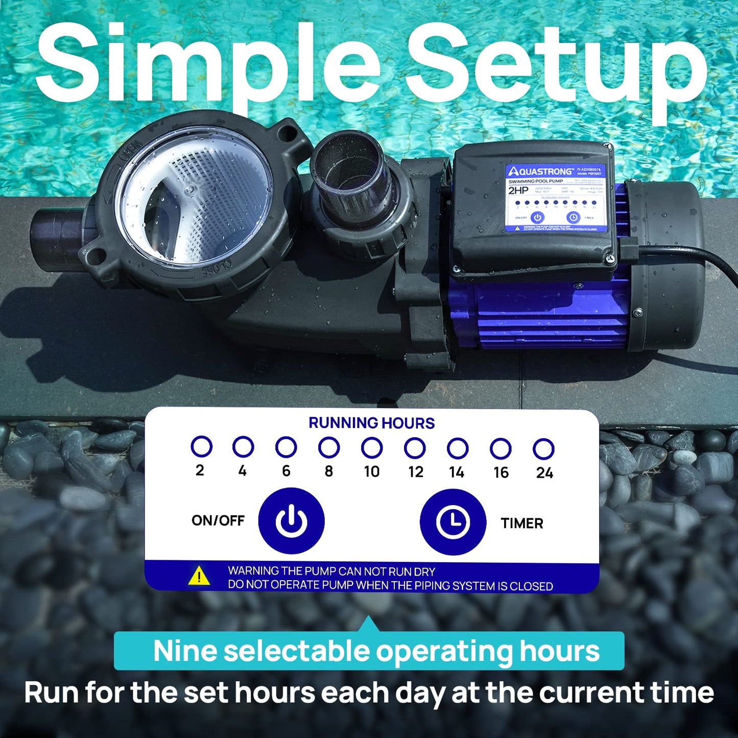 Aquastrong 2HP In/Above Ground Pool Pump with Timer, 220V, 8917GPH, High Flow, Powerful Self Primming Swimming Pool Pumps with Filter