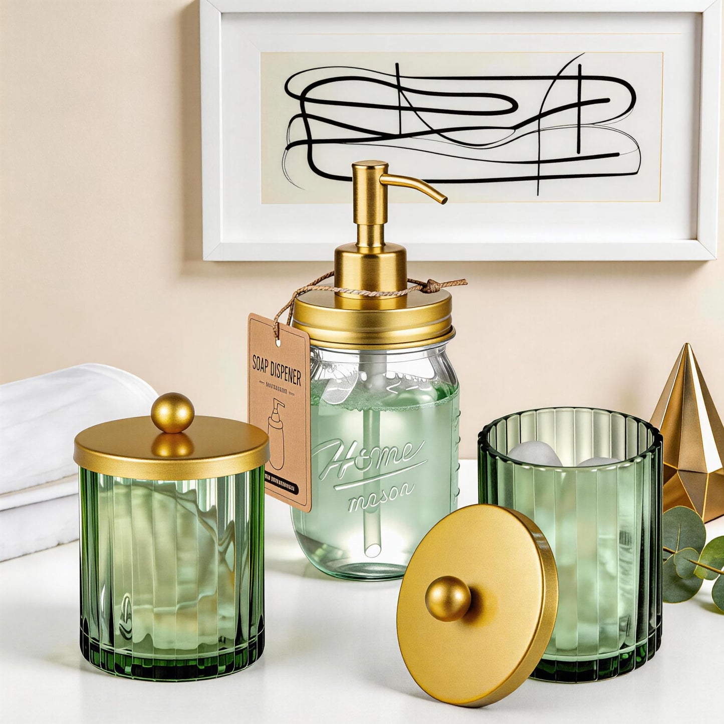 Amolliar Sage Green Glass Qtip Holder Dispenser, Bathroom Canister Apothecary Jar for Cotton Swabs, Cotton Balls, Round Pads, Floss Picks, Countertop Storage Organizer Container for Vanity,Gold 4 Pack