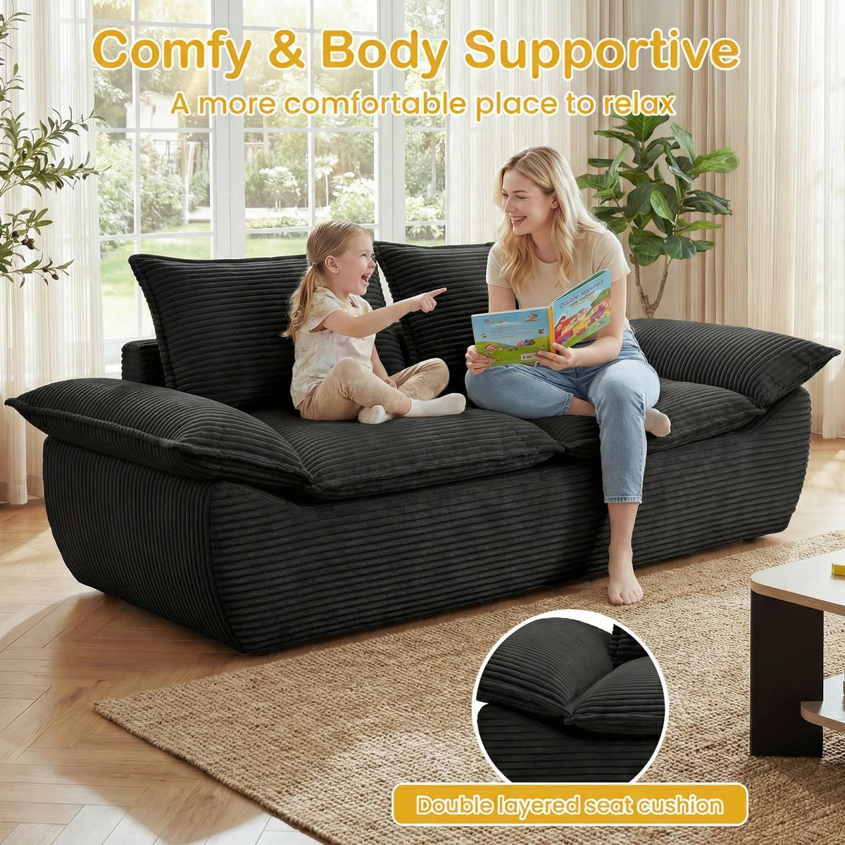 AOLVDOW 56" Boneless Loveseat, 2-Seater Black Boneless Sofa with Removable Cushions & 2 Pillows, Small Mini Couch Boneless Foam Sofa for Living Room, Apartments, & Office