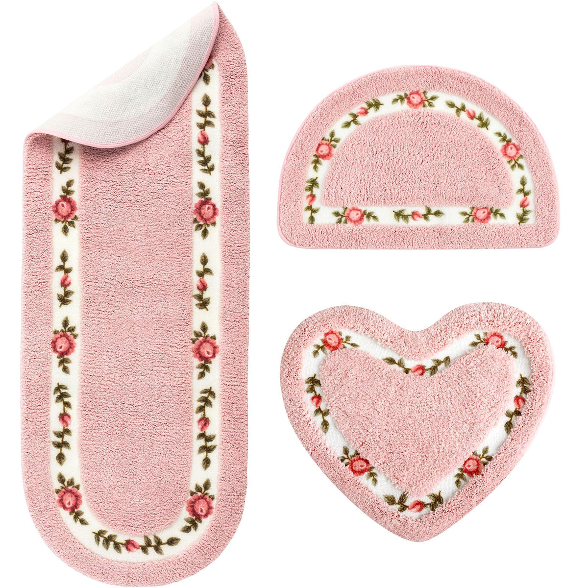 Drydiet 3 Pcs Floral Bathroom Rugs Set, Pink Non Slip Bath Mats, Pink