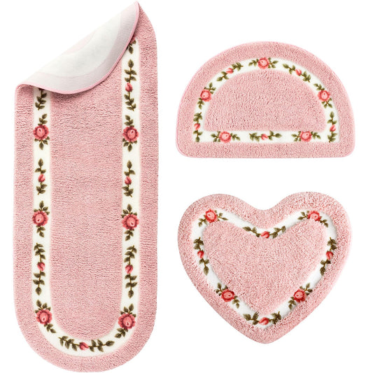 Drydiet 3 Pcs Floral Bathroom Rugs Set, Pink Non Slip Bath Mats, Pink