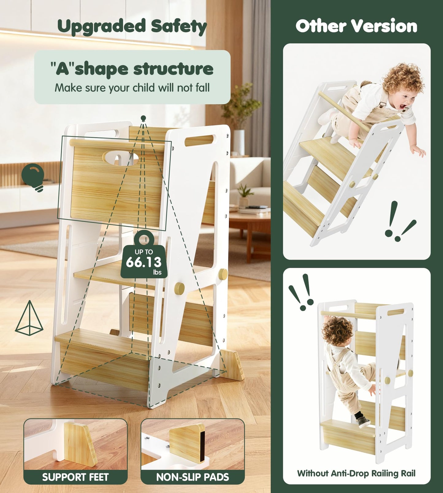 Toddler Standing Stool with Sliding Door for Safe Climbing, 3-Height Adjustable Kitchen Step Stool, Wooden Learning Tower for Kids, Non-Slip Feet