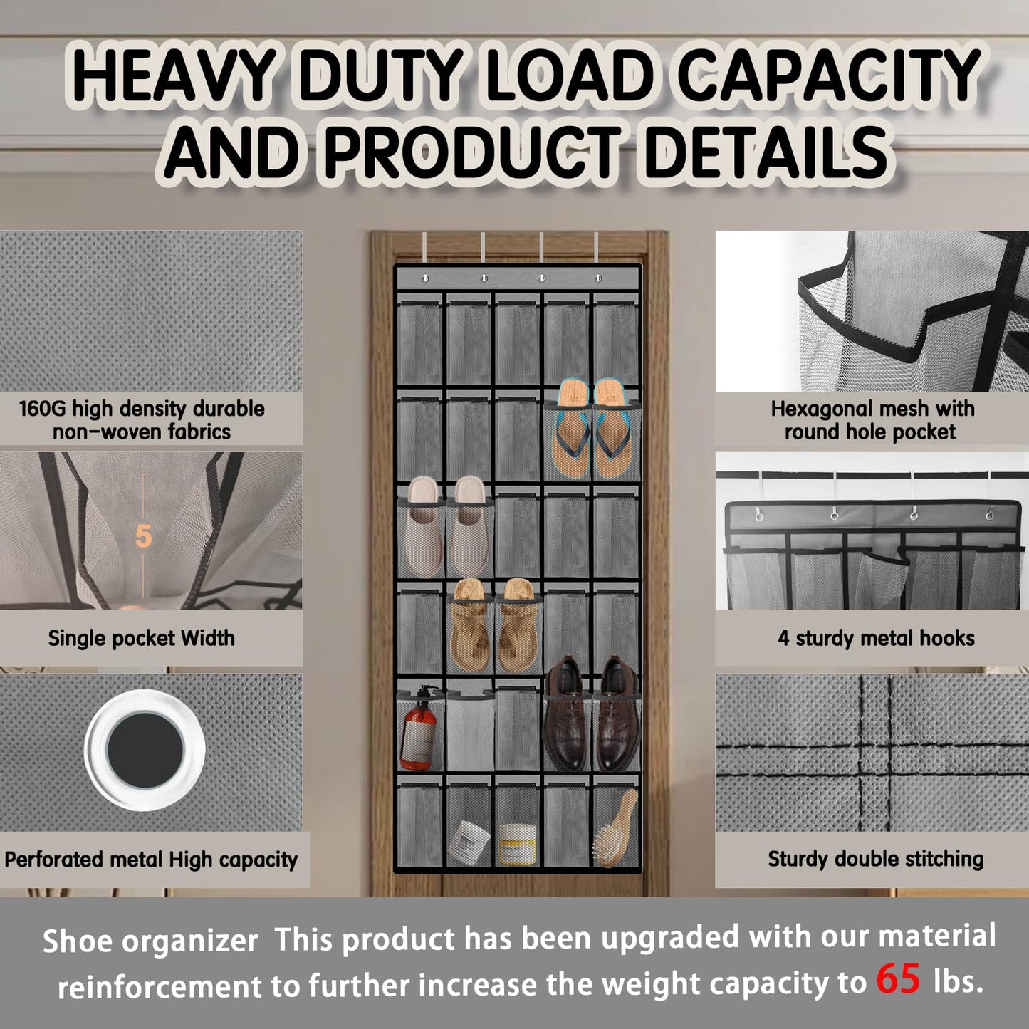 Kotkn Over the Door Shoe Organizer with 30 Breathable Mesh Pockets - Large Capacity Closet Storage for Men & Women, Hanging Shoe Rack Organizer (Gray)