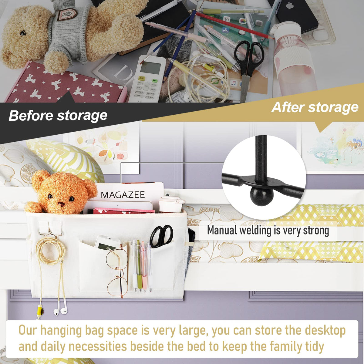 Frjjthchy Bedside Caddy Organizer Hanging Storage Bag Bunk Bed White