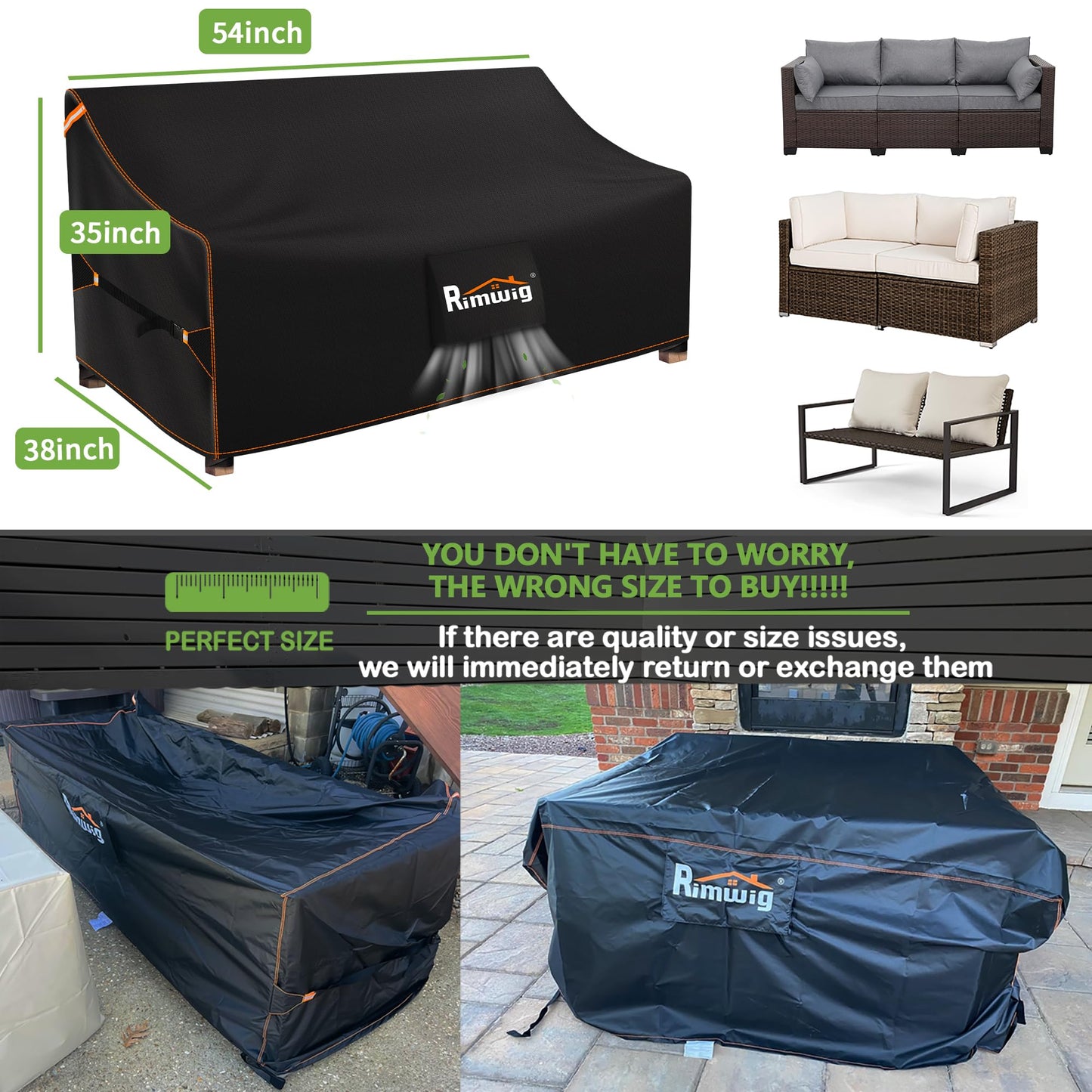 Patio Sofa Furniture Covers Waterproof, 2-Seater Outdoor Couch Cover Fits to Outdoor Loveseat Cover with Air Vent 54W x 38D x 35H inches