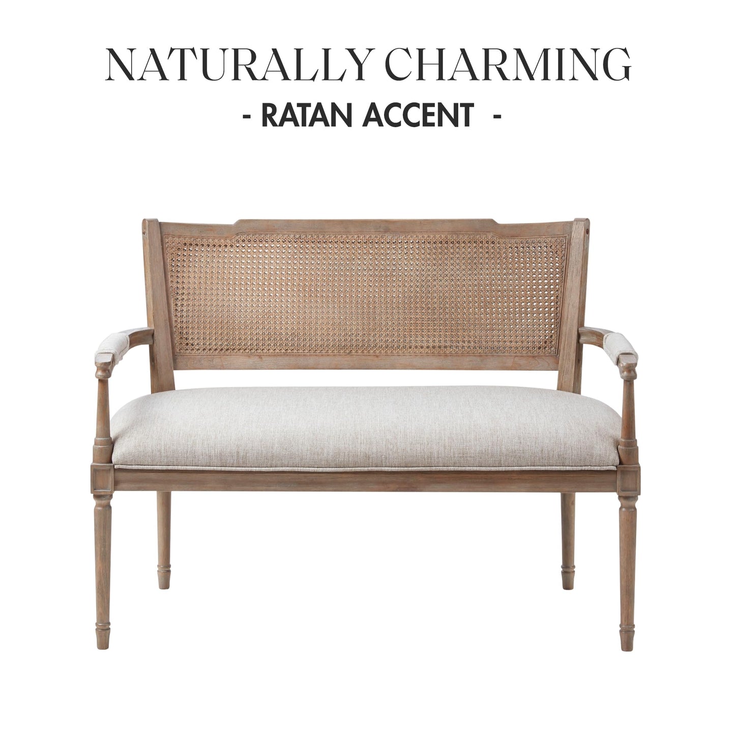 Madison Park Willshire Natural Rattan Settee, Upholstered Seat - Charming Country Design, Rustic Reclaimed Wood Finish, Ratan Insert Backrest & Padded Arm Rest, 47.25" Wide Beige/Reclaimed Natural