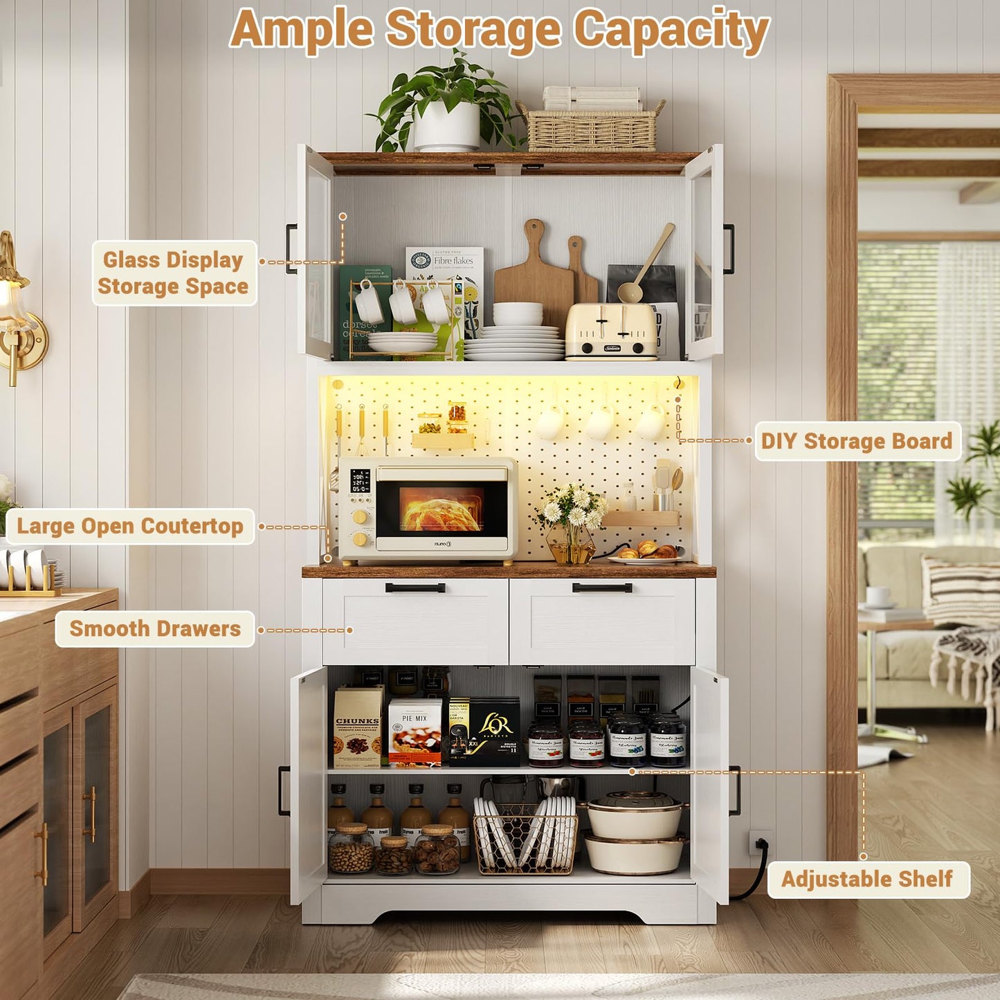 Unikito 71" Pantry Cabinet with LED Light & Outlet, Tall Kitchen Pantry Storage Cabinet with Microwave Stand, DIY Pegboard, Drawers and Adjustable Shelf, Farmhouse Kitchen Hutch for Dining Room