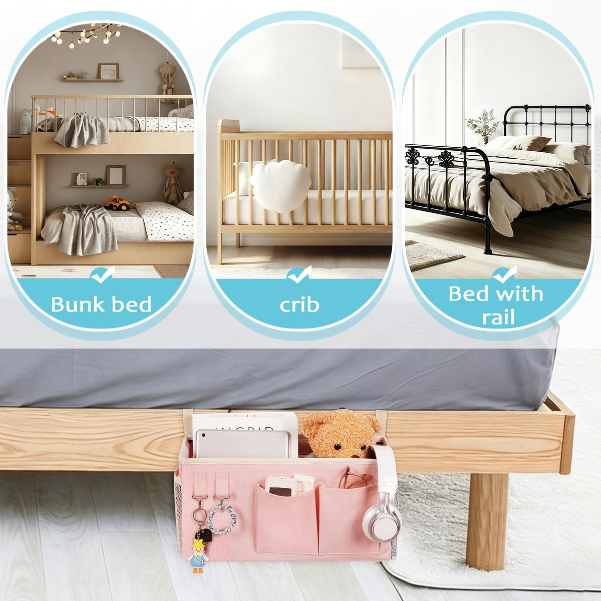 Bedside Caddy, Bedside Storage Bag Hanging Organizer for Bunk Dorm Bed Rail