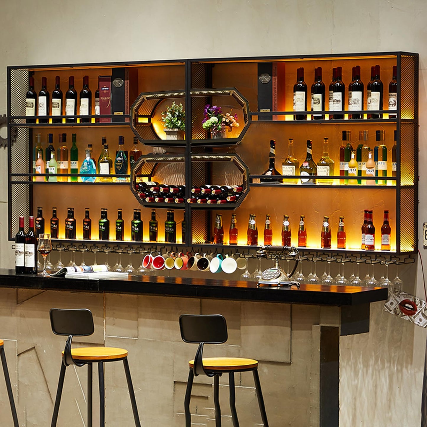Dawselod 78.7in Large Wall Mounted Wine Rack with LED Light,4-Tiers Liquor Bottles Floating Shelves Display Storage Organizer for Home Bar & Dining Room Decorative (78.7" W x 9.8" D x49.2 H)
