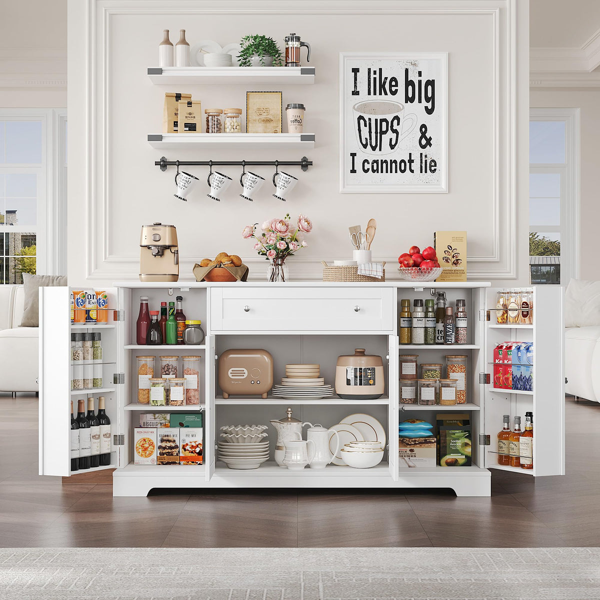 HITHOS 54" W Kitchen Buffet Cabinet with Storage, Coffee Bar Cabinet, White