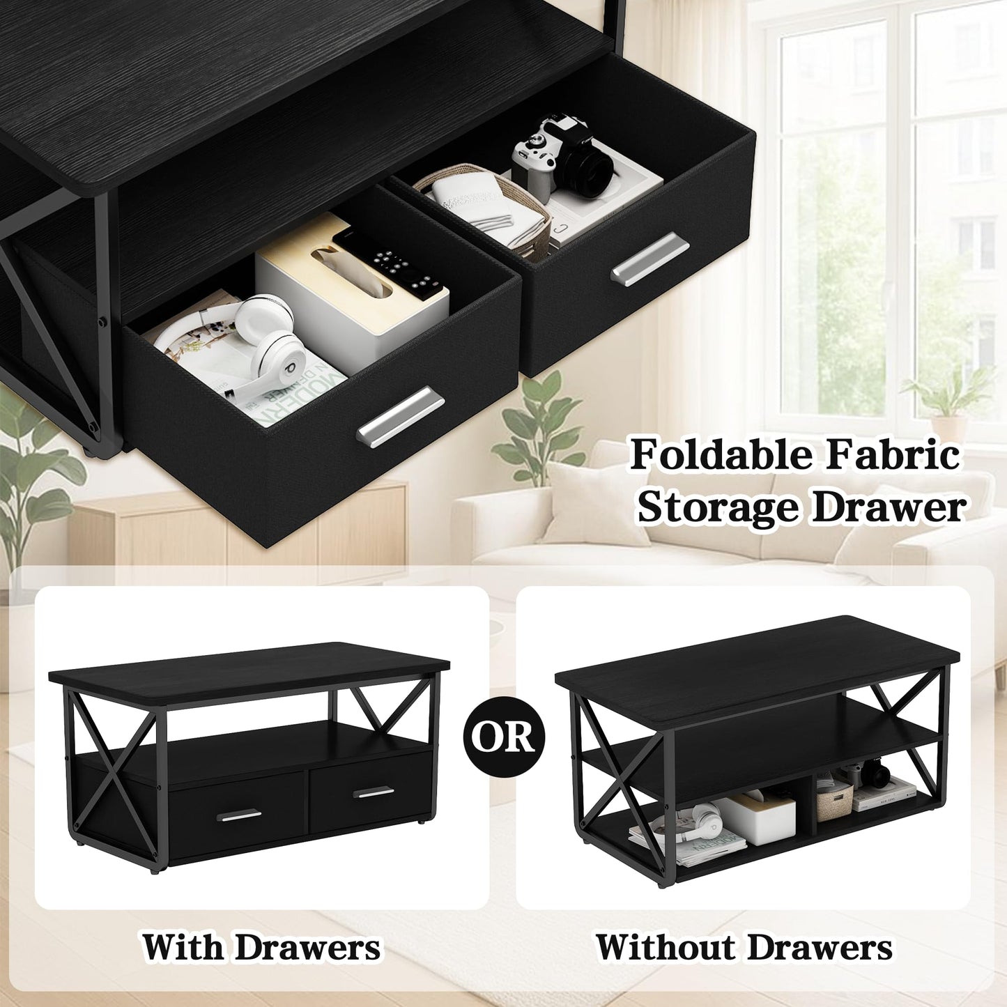DKLGG 3 Piece Coffee Table Set for Living Room with Fabric Drawers and Storage Shelves, Rustic Wood and Metal Frame, Industrial Farmhouse Table with 2 End Tables for Small Spaces, Apartment, Black