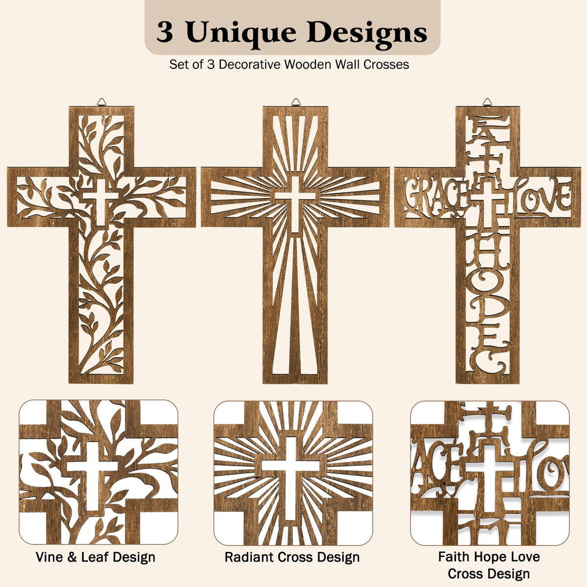 3 Pcs Wooden Cross Wall Decor, 12 Inch Wall Crosses for Christian Home