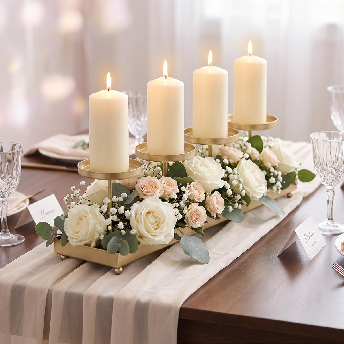 Seraphic Gold Iron 4-Pillar Candelabra – Elegant Tabletop Candle Holder Centerpiece for Weddings, Dining, Parties & Home Decor