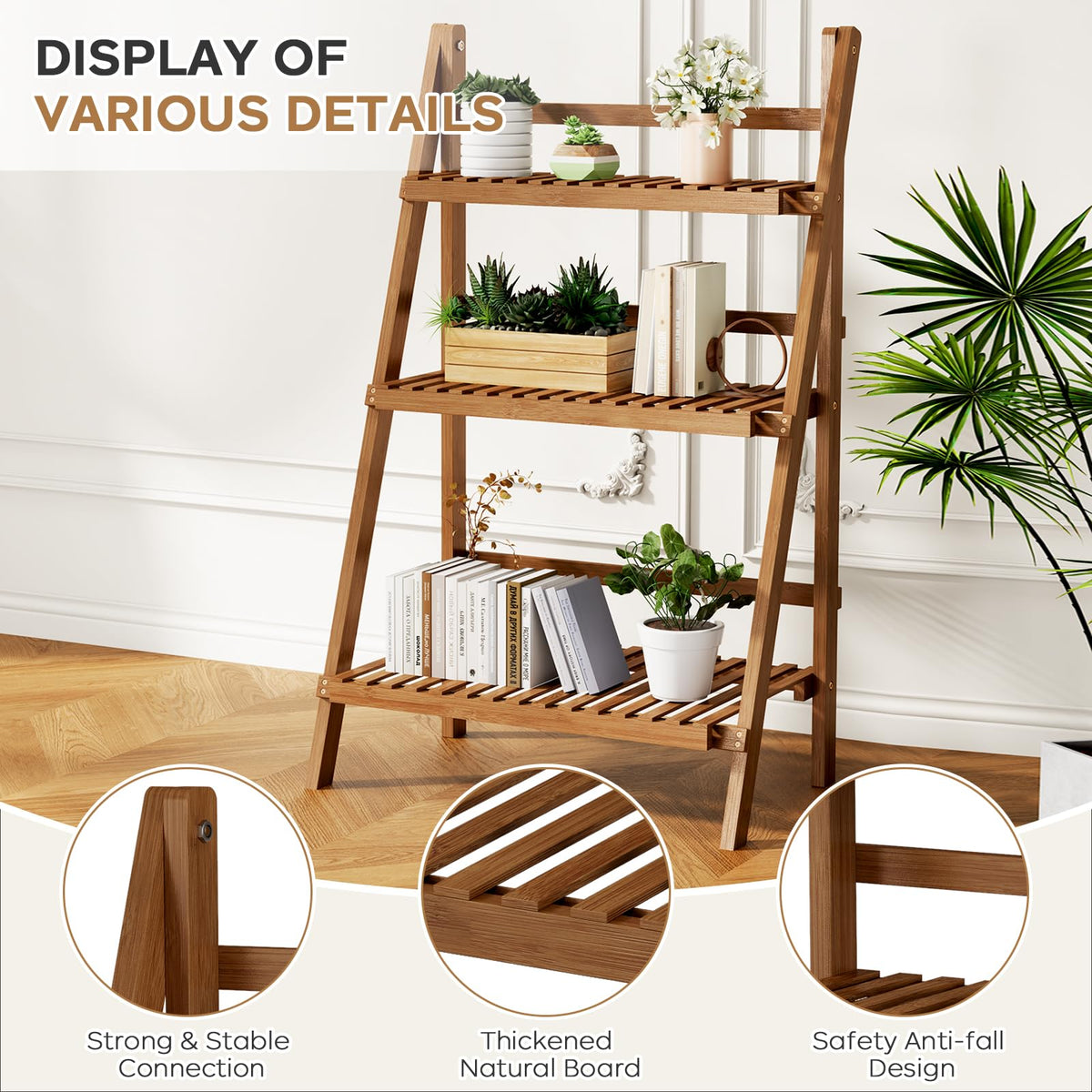 Ladder Shelf, Foldable Plant Shelf Stand, 3-Tier Bamboo Bookshelf, 39.4In