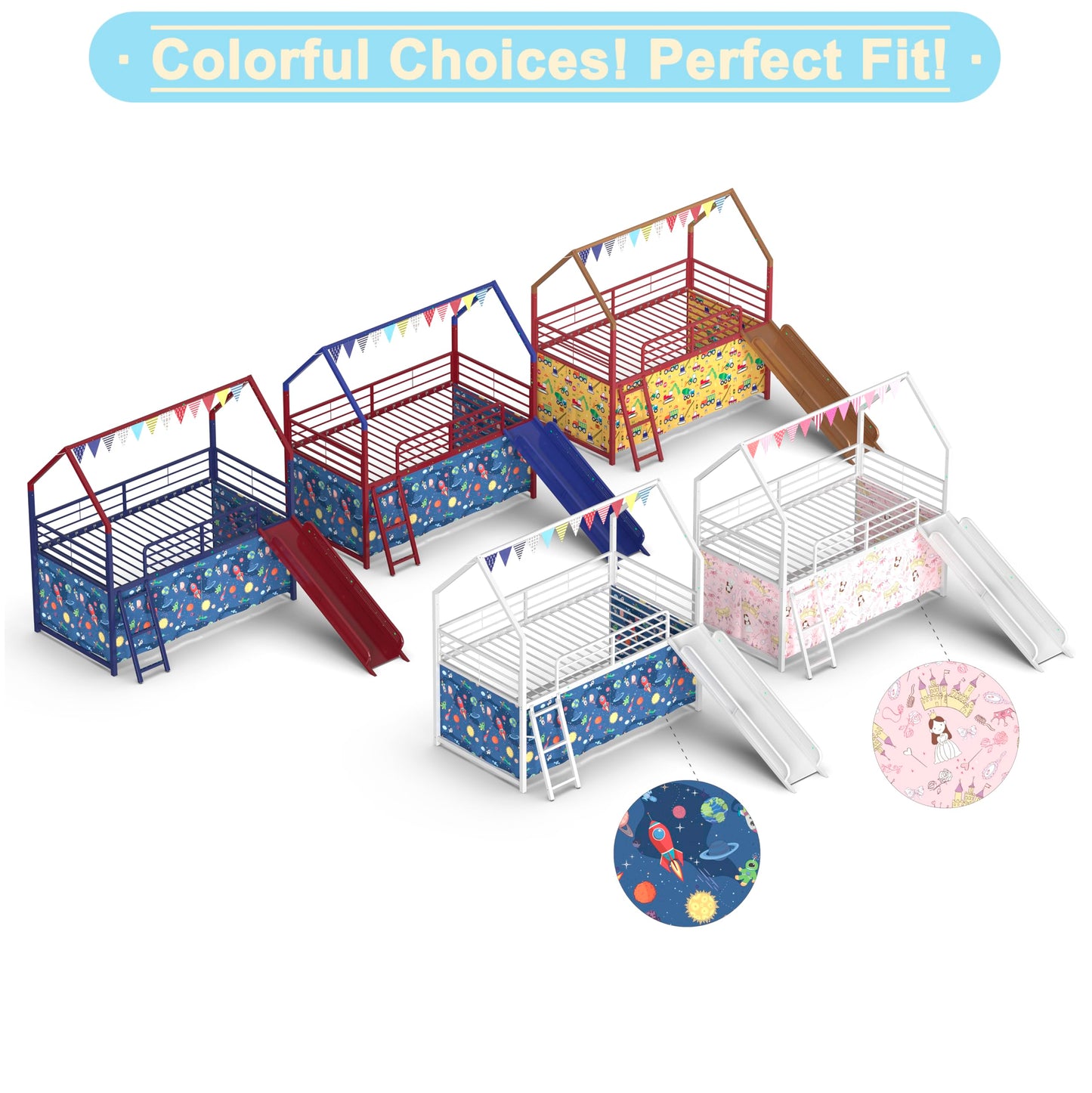 Metal Junior House Twin Loft Bed with Slide and Curtain Set and Pennant Banner Flag and Star Stickers, White with Blue