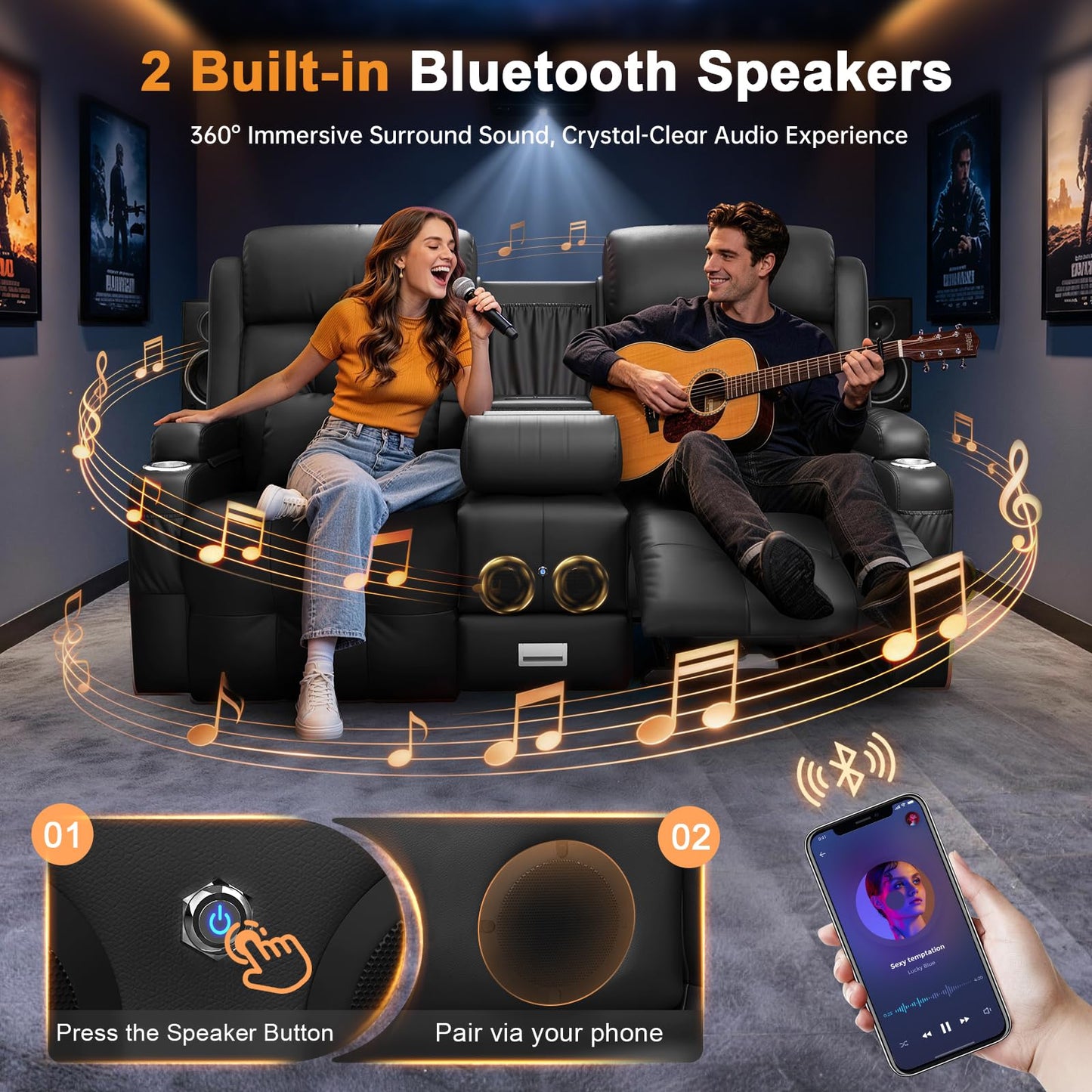 Home Theater Seating, Power Loveseat Recliner Sofa with Massage & Heat