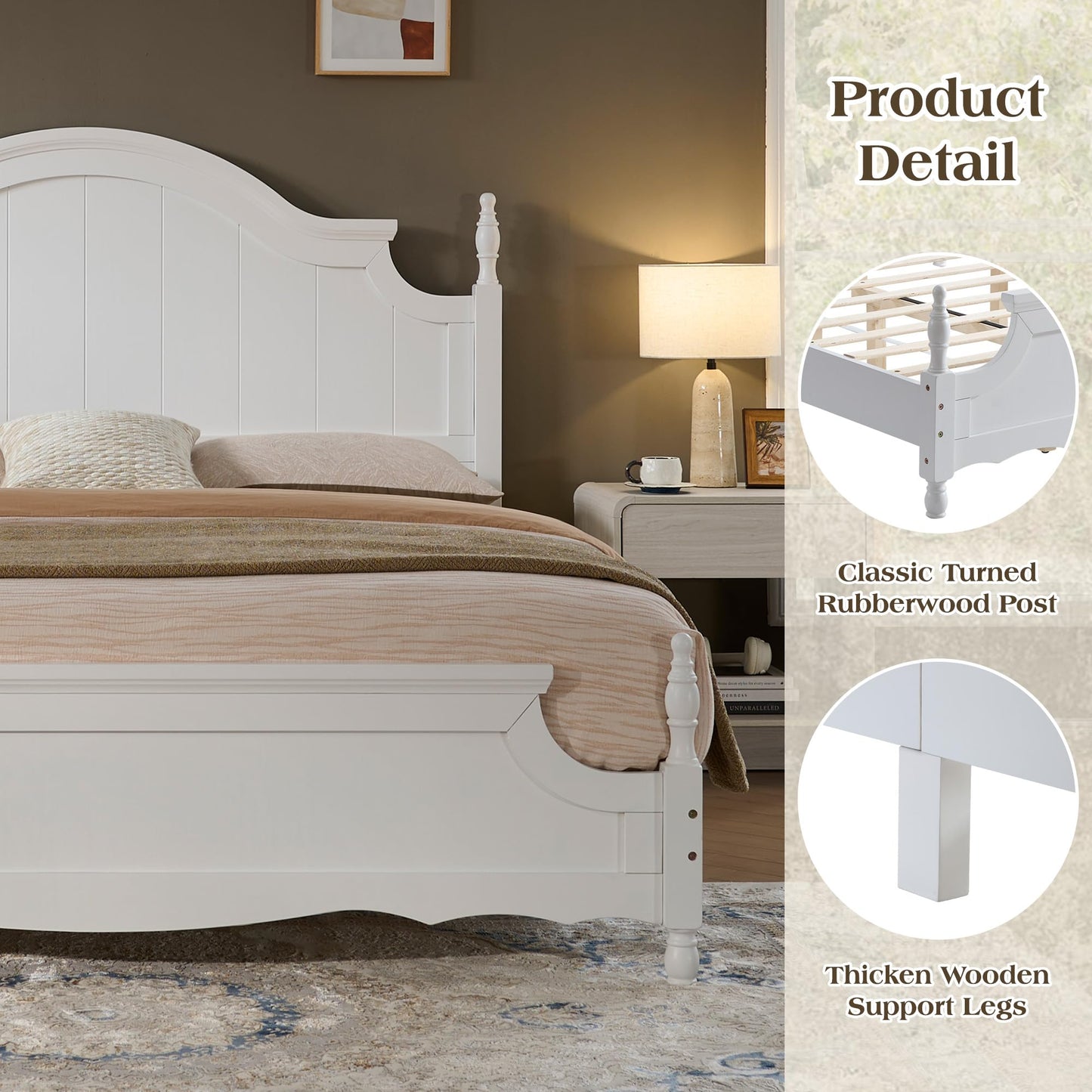 LUXOAK California King Solid Wood Poster Bed, 55" Arched Headboard, White