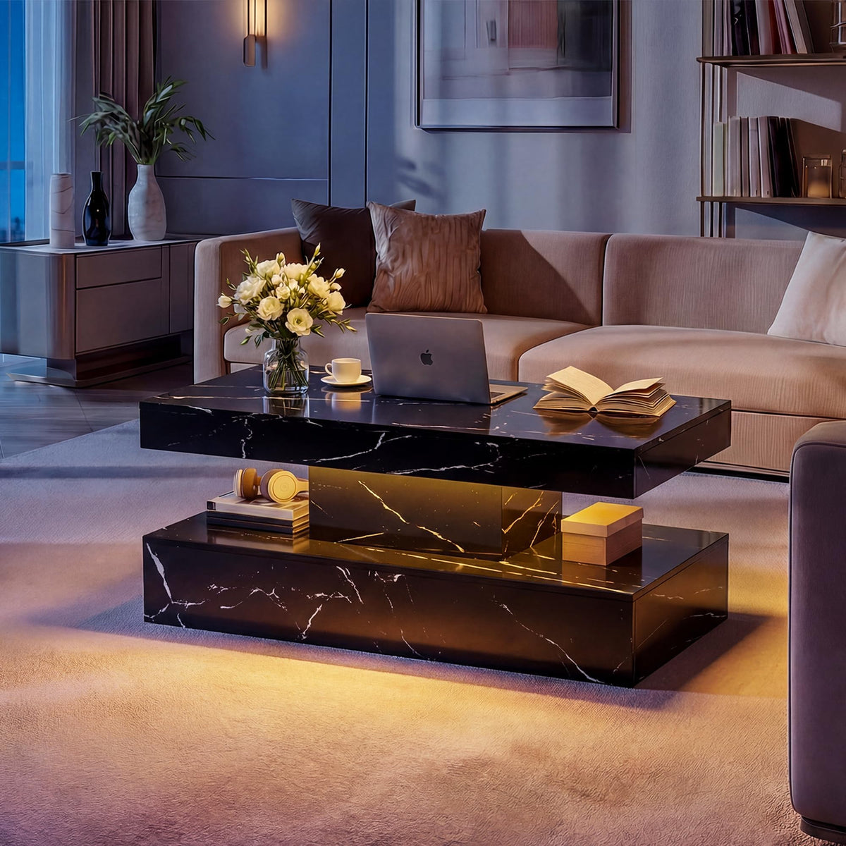 Fabulcozy 40" Modern Coffee Table with Storage Shelf, Faux Marble Fixed‑Top Center Table with LED Ambient Light, 2‑Tier Versatile Accent Table for Living Room & Small Spaces, Black