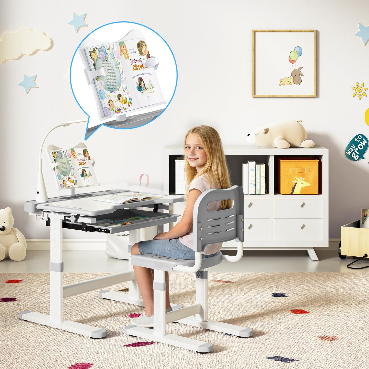 Decofy Kids Desk and Chair Set, Height Adjustable Desk for Kids Ages 3–12 with Tilted Desktop 0–55°, 3 Modes & Brightness LED Lamp, Study Table with Drawer & Metal Hook for Boys Girls (Gray)