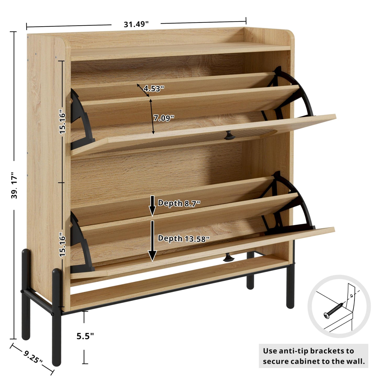 IRONCK Shoe Cabinet Storage with 2 Flip Drawers, Free Standing Wooden Shoe Storage Organizer Cabinet with Rattan Doors for Entryway, Narrow Shoe Rack Cabinet, Oak