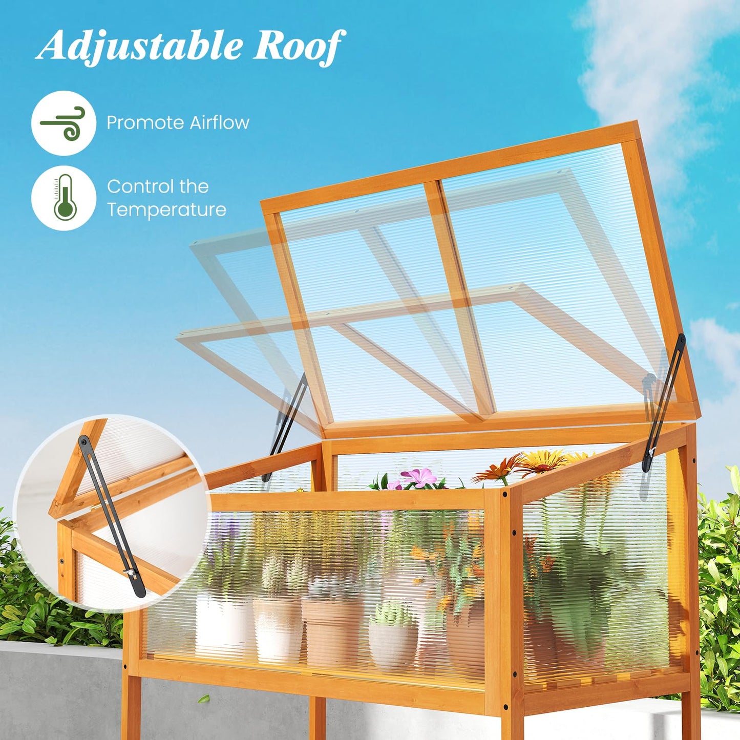 Giantex Wood Cold Frame Greenhouse, Raised Flower Planter Protection with Transparent Openable Roof & Slatted Shelf, Indoor Outdoor Hot House for Garden Balcony, 36”x20”x42”