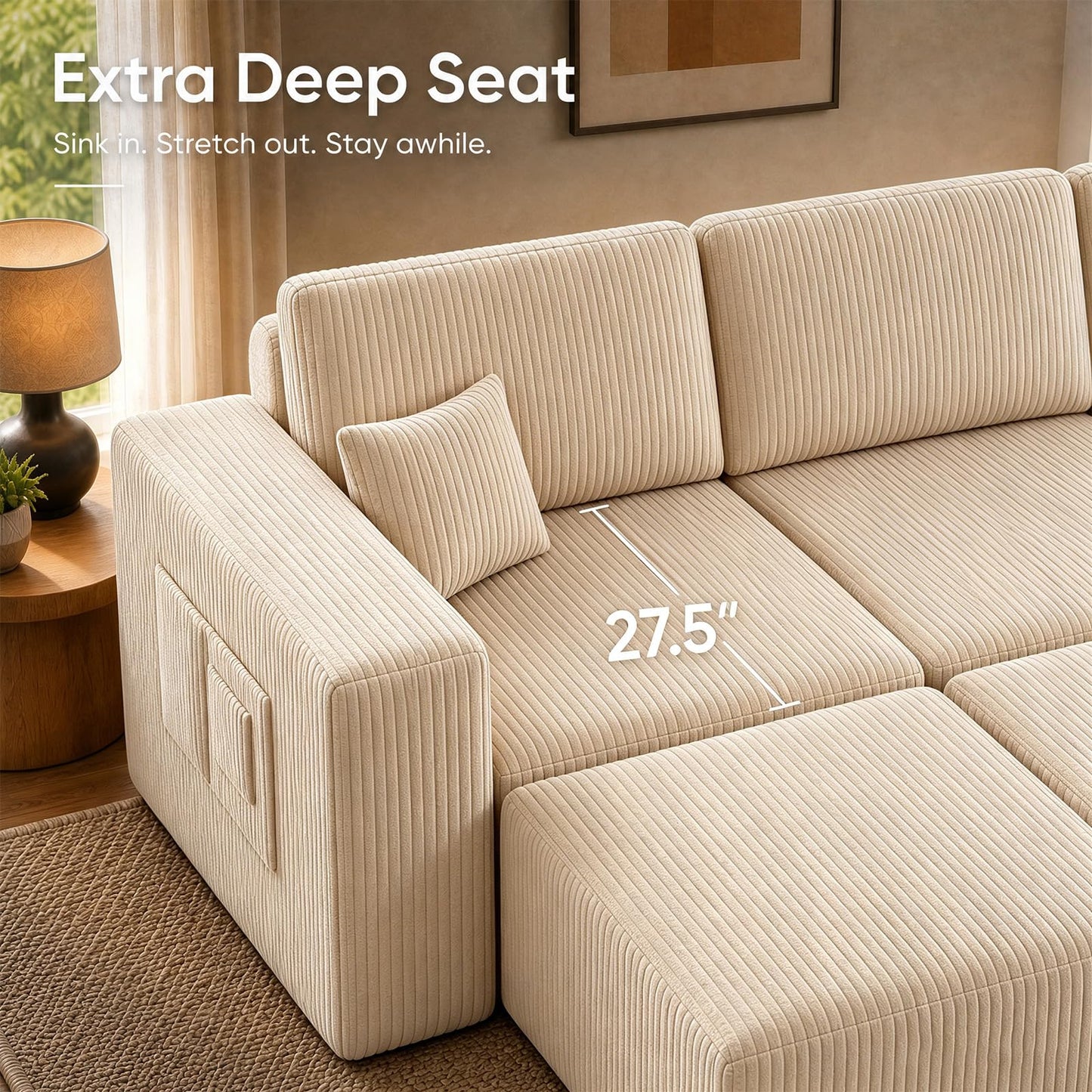 130'' Modular Sectional Couches for Living Room, Deep Seat Corduroy Convertible L Shaped Sofa with 2 Ottomans, Removable Cover, Side Storage Pockets & Adjustable Back Pillows, Beige