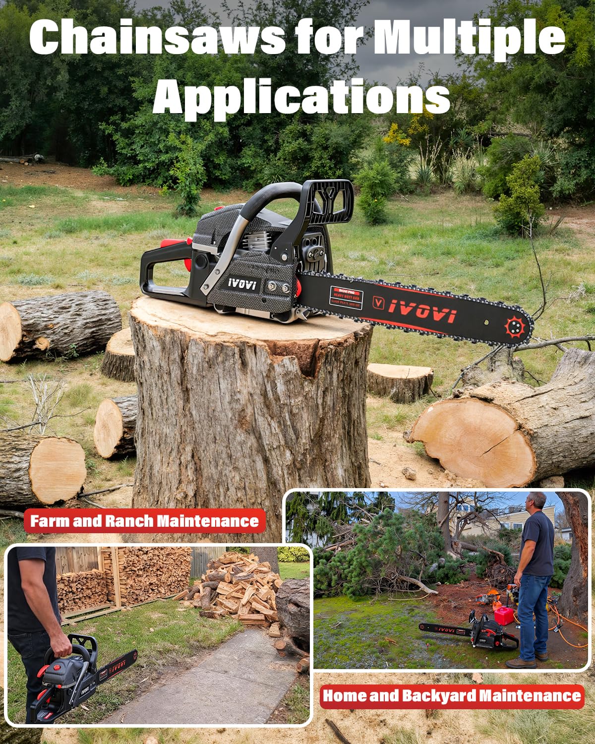 IVOVI 63CC Gas Chainsaw 20 Inch & 18 Inch Bars — 3.7HP Heavy-Duty Tree Felling, Ranch Maintenance and Storm Cleanup Tool (Black)
