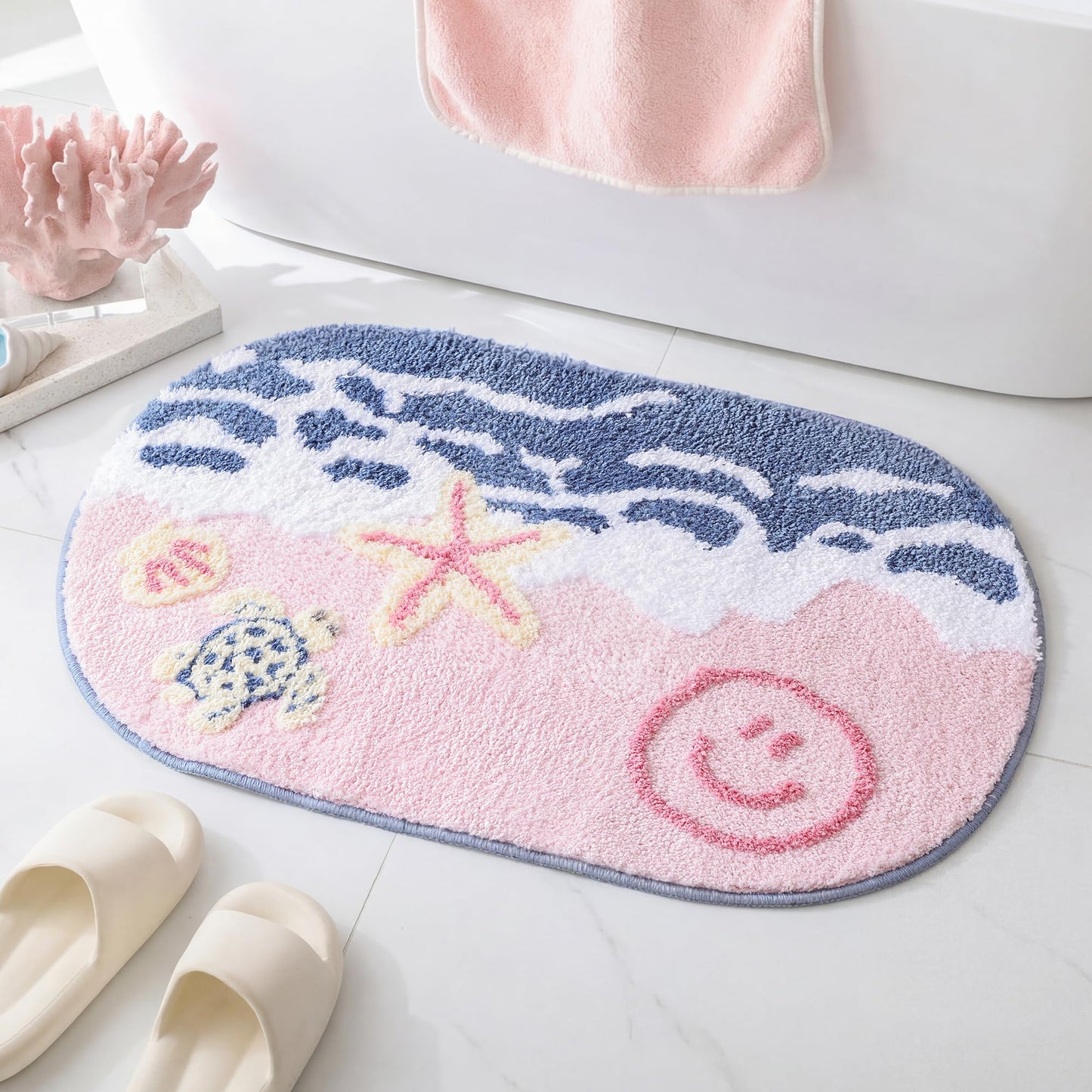TRUEDAYS Beach Bath Mat - Soft Absorbent Non Slip Bath Mat, Cute Ocean Coastal Bathroom Decor Rug, Fun Bath Rugs for Bathroom Bedroom Decor 30x20 Inches