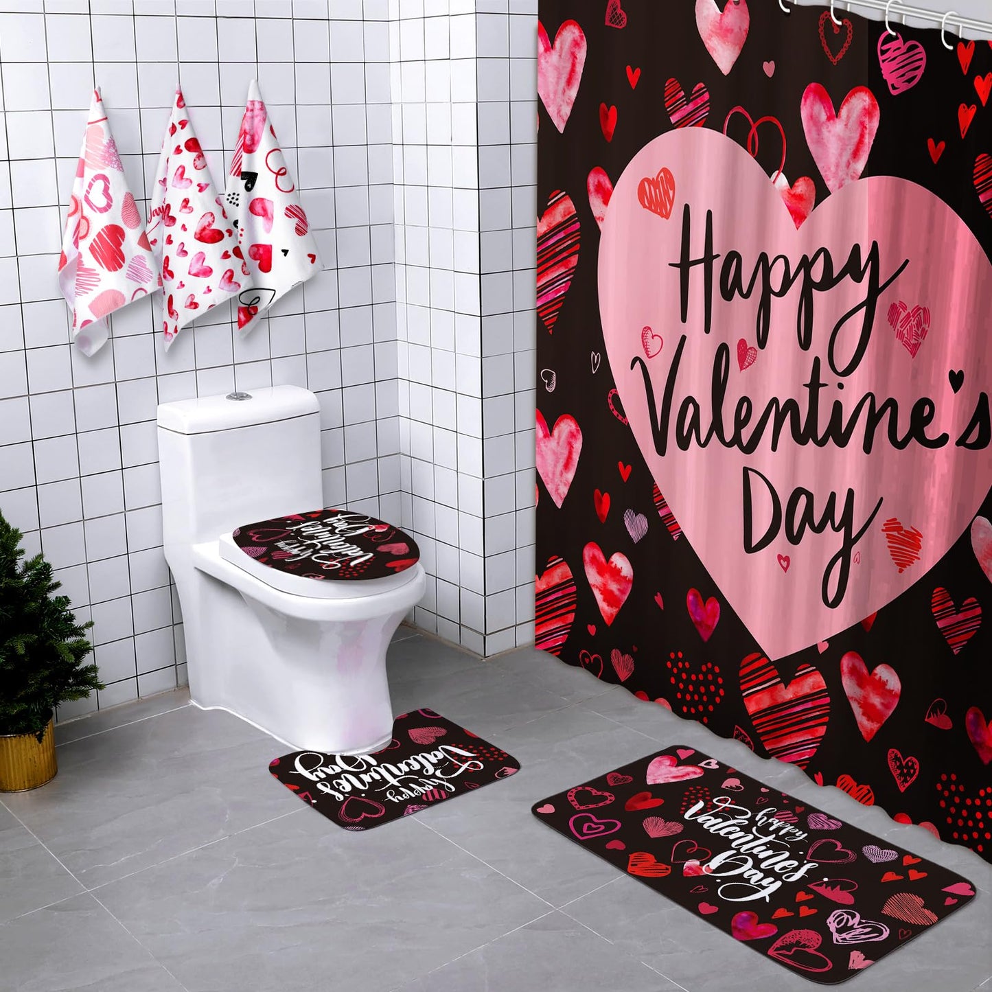 Newwiee 7 Pcs Valentine Shower Curtain Set for Bathroom Sweet Heart Bathroom Sets with 3 Towels Happy Valentine Shower Curtain Nonslip Rugs Toilet Lid Cover Bath Mat(Arrow)